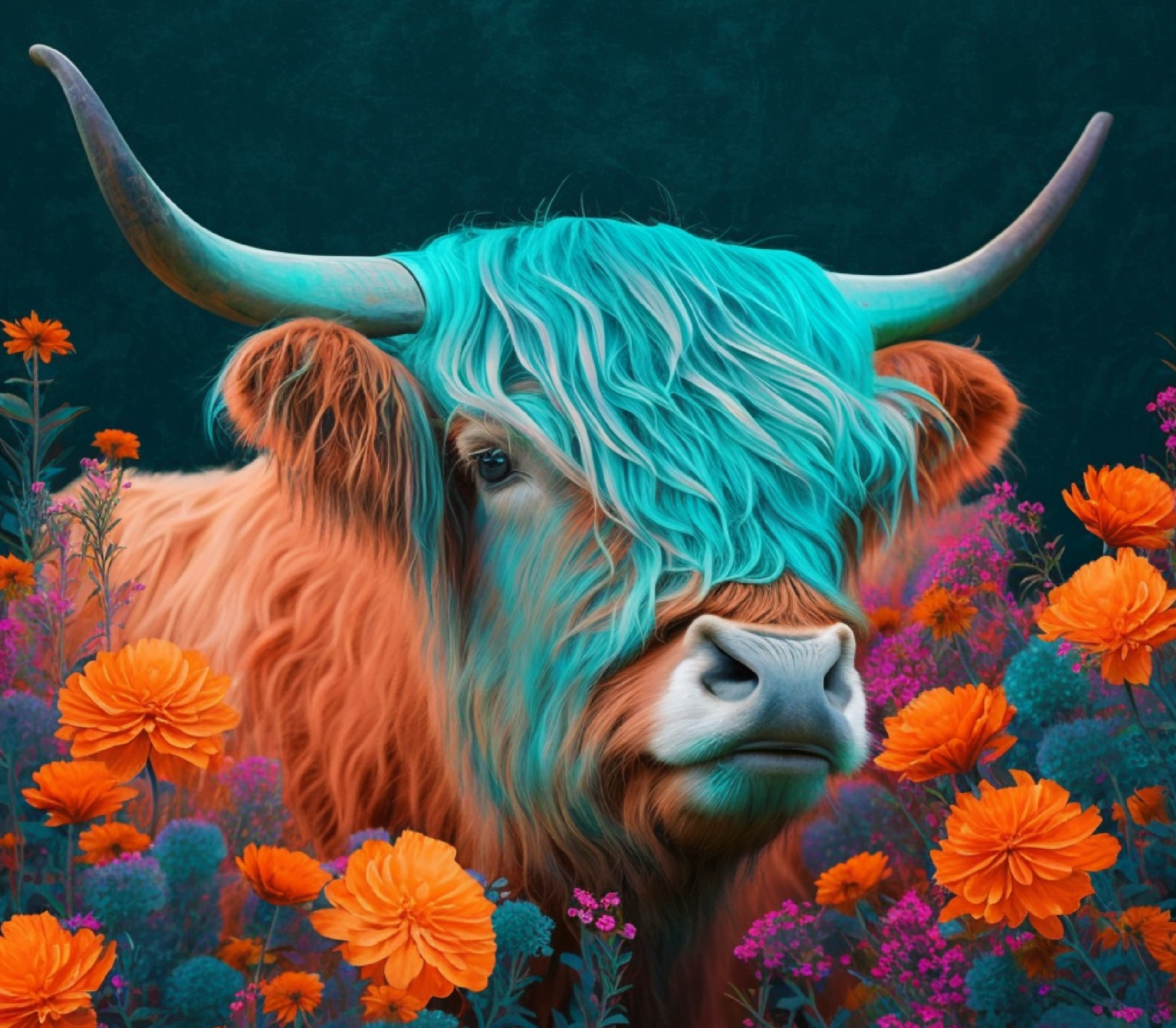 Highland Cow - Turquoise Garden