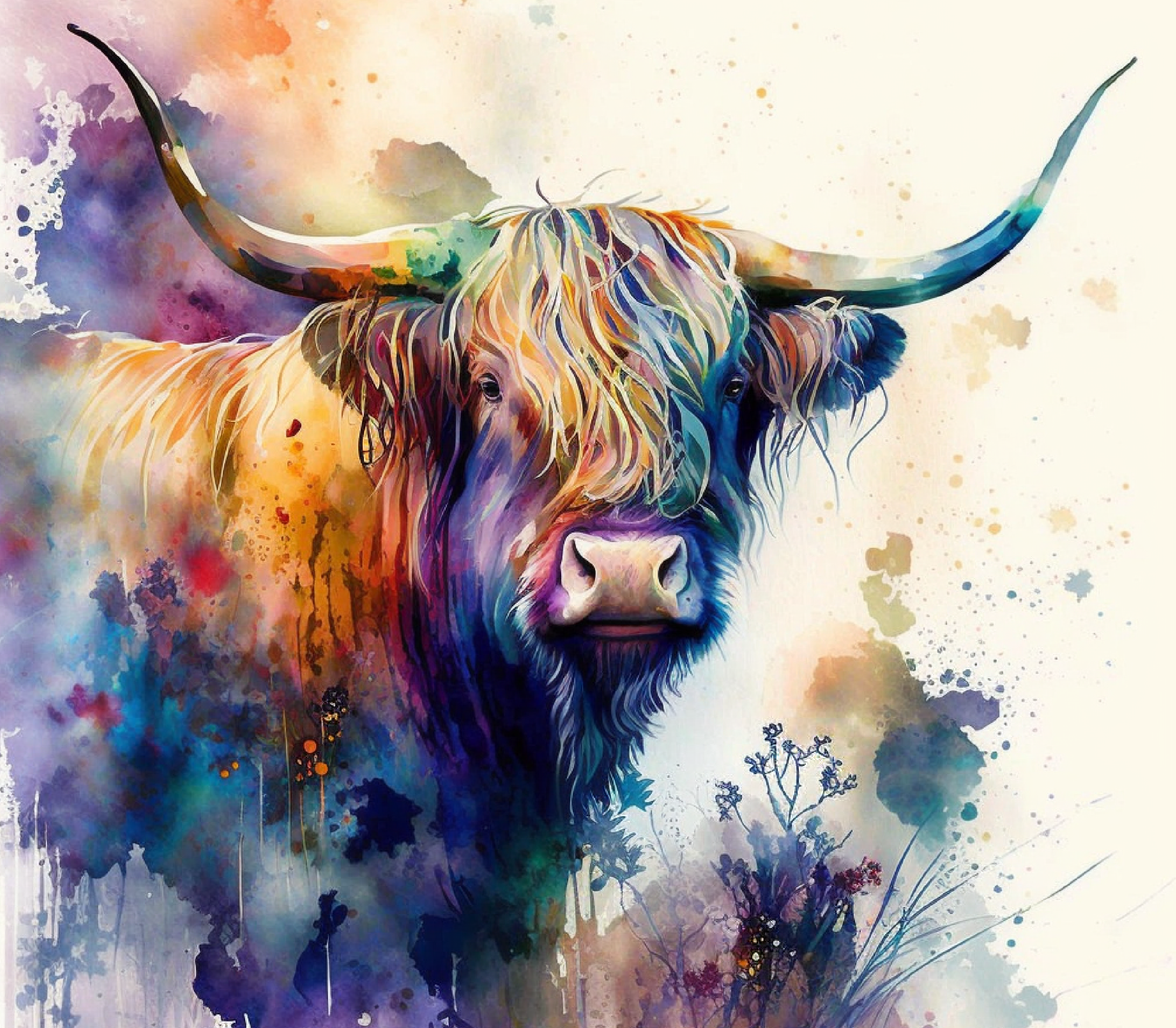 Highland Cow - Watercolor Rainbow