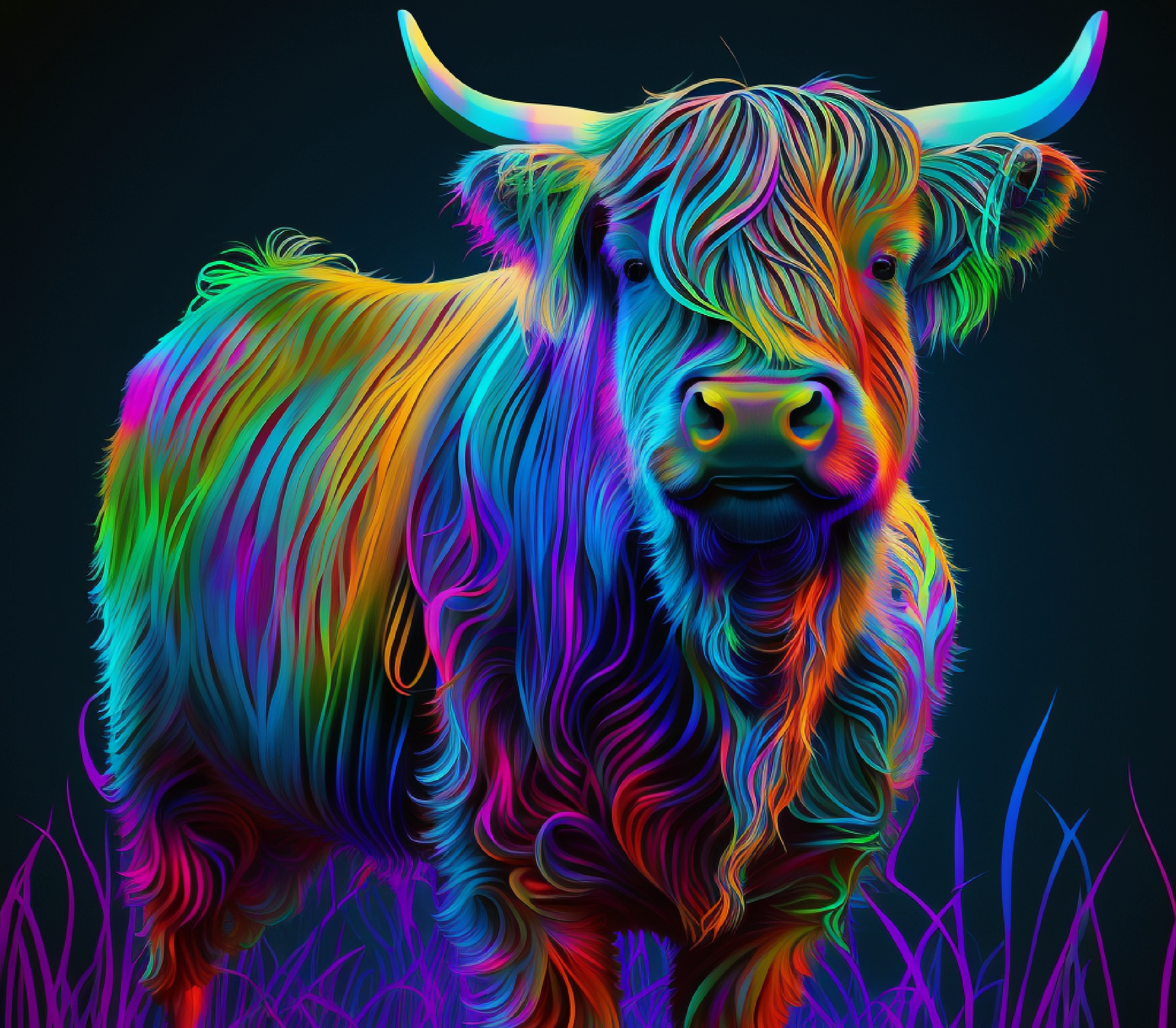 Highland Cow - Electric Rainbow