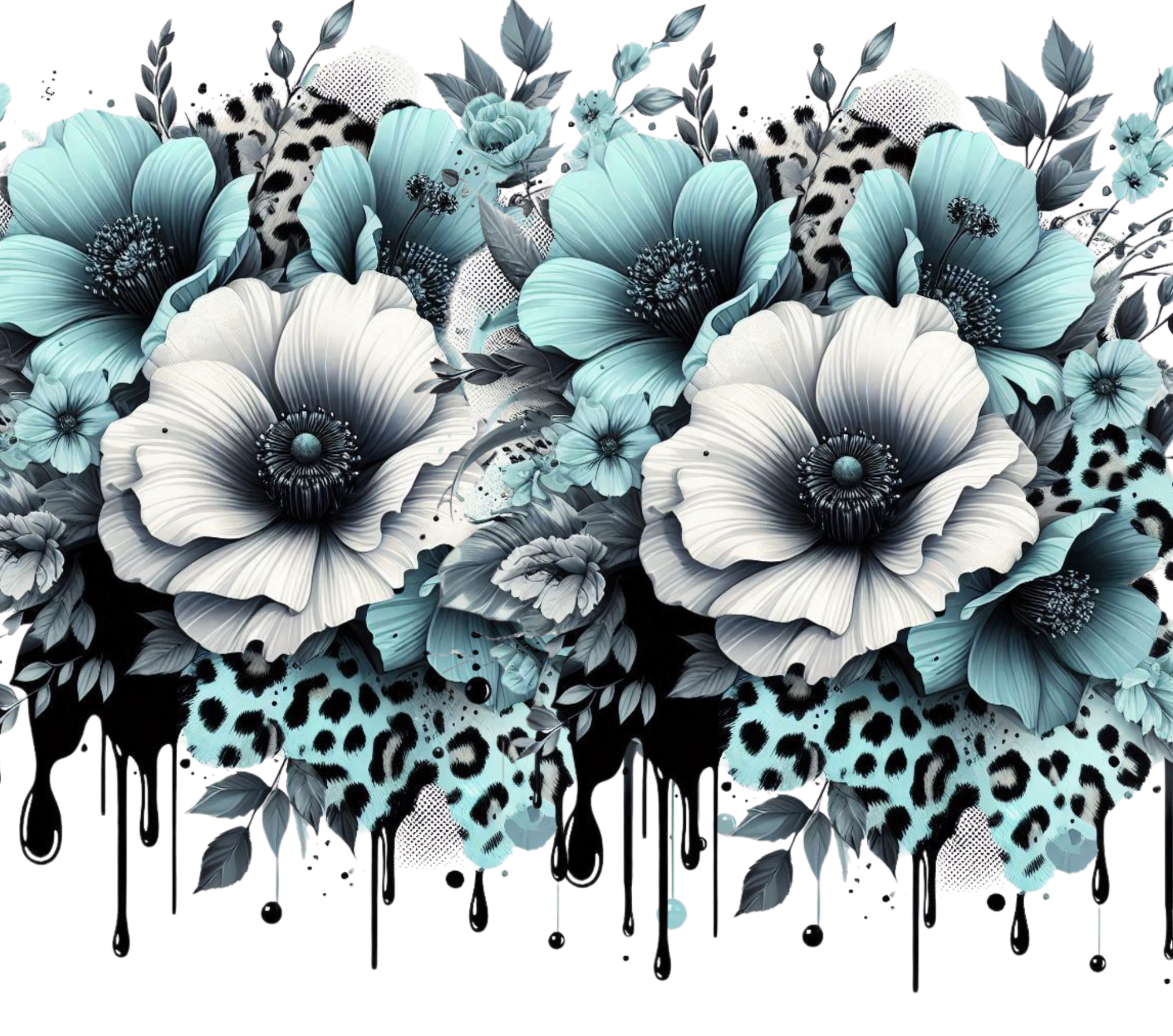 Teal White Poppy Leopard Drip Tumbler