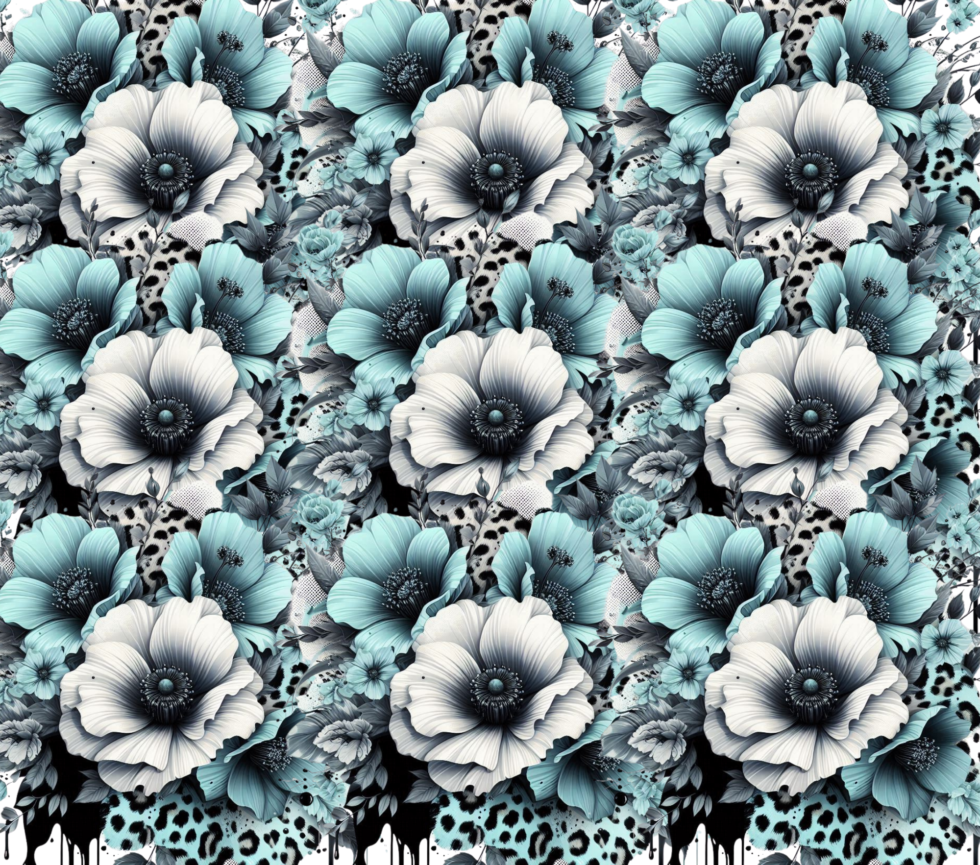 Teal White Poppy Leopard Pattern Tumbler