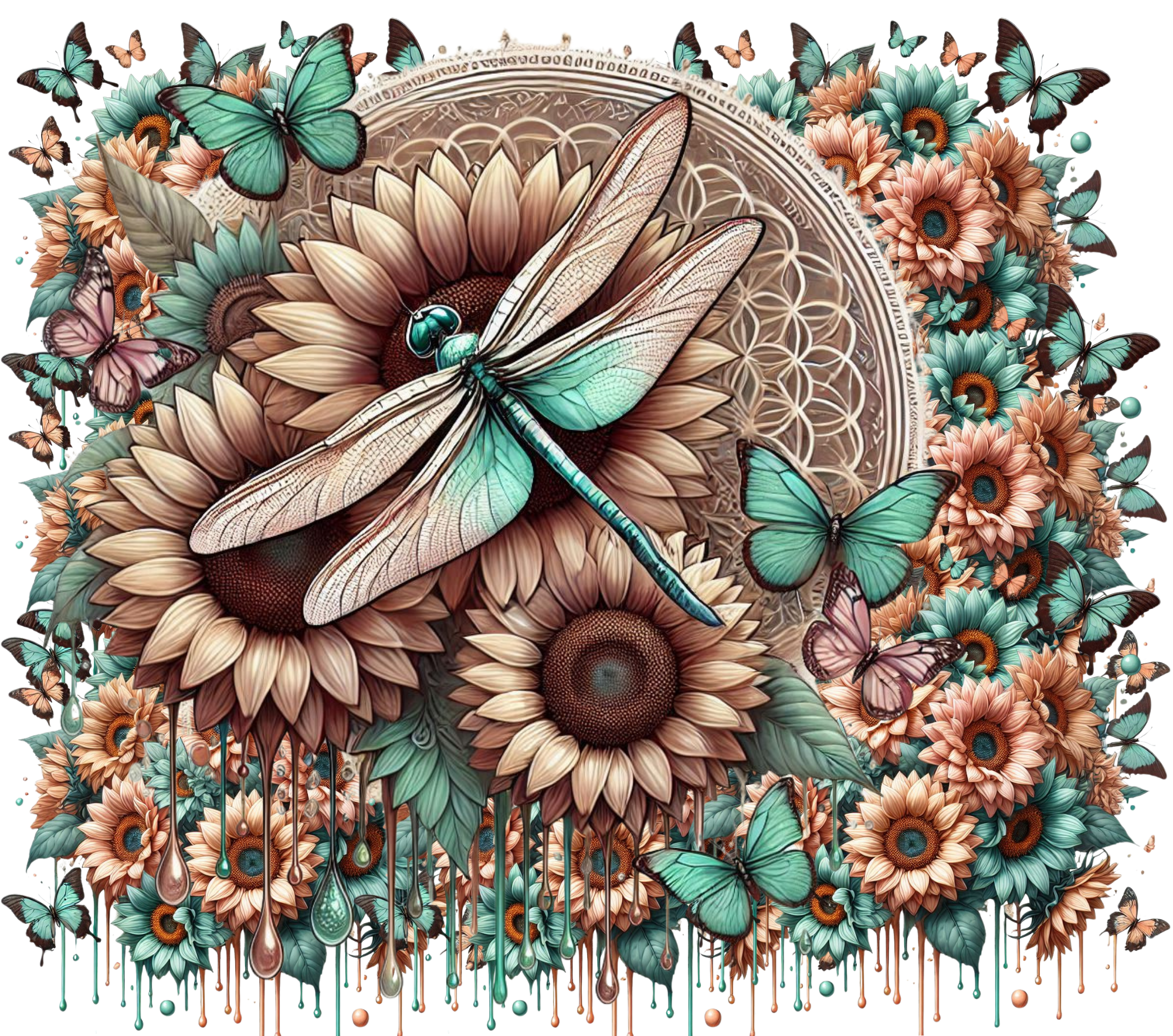 Teal Dragonfly Mandala Sunflower Tumbler