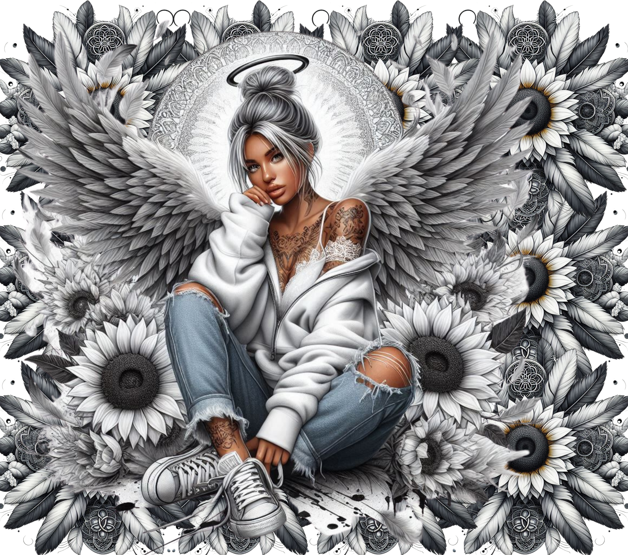 Black & White Angel Wings Sunflower Tumbler