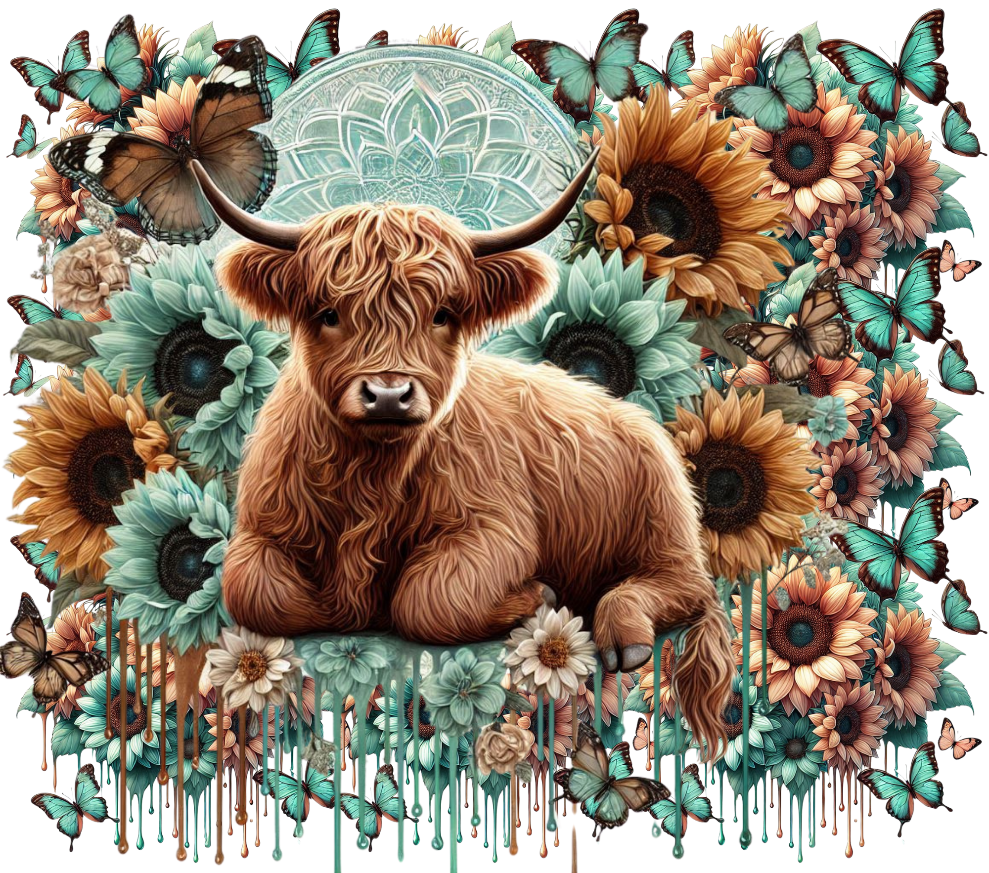 Highland Cow Tumbler - Turquoise Mandala