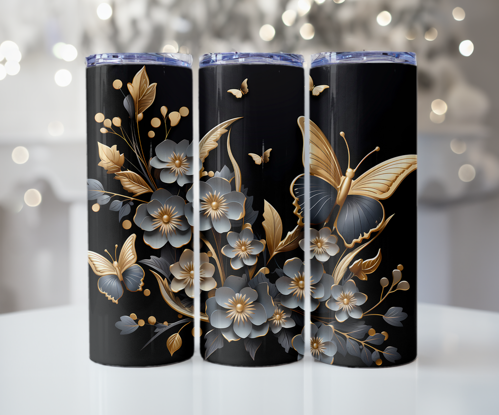 Black Gold Butterfly Garden Tumbler