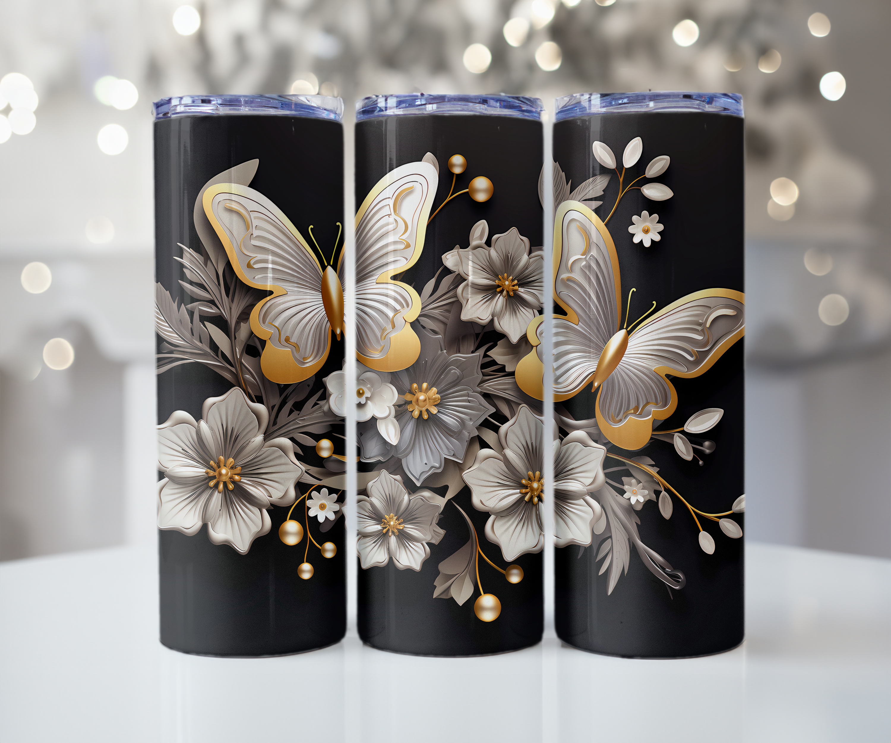 White Gold Butterfly Blossom Tumbler