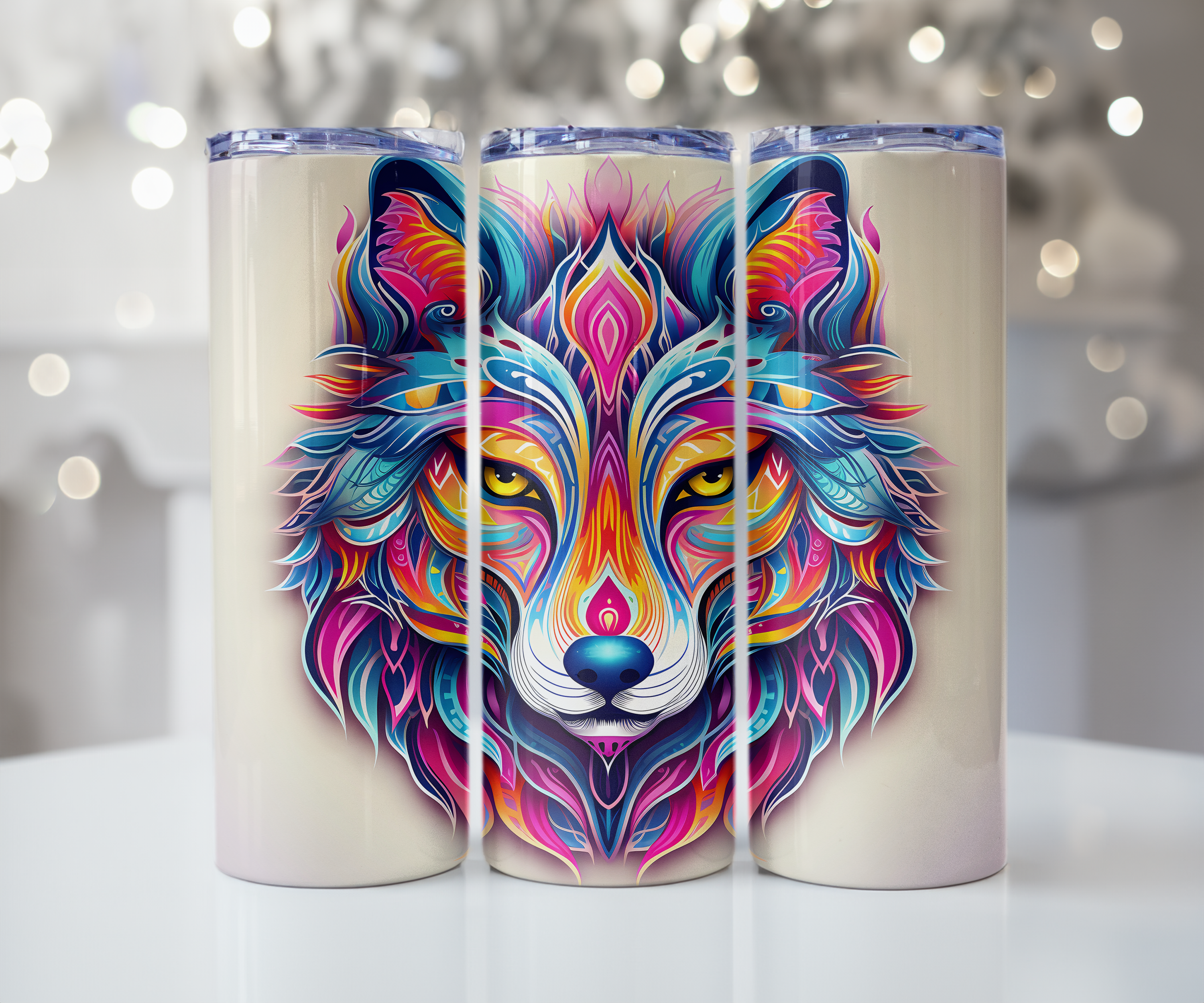 Psychedelic Rainbow Wolf Tumbler