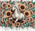 White Horse with Sunflowers and Turquoise Butterflies