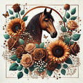 Brown Horse with Sunflowers and Roses