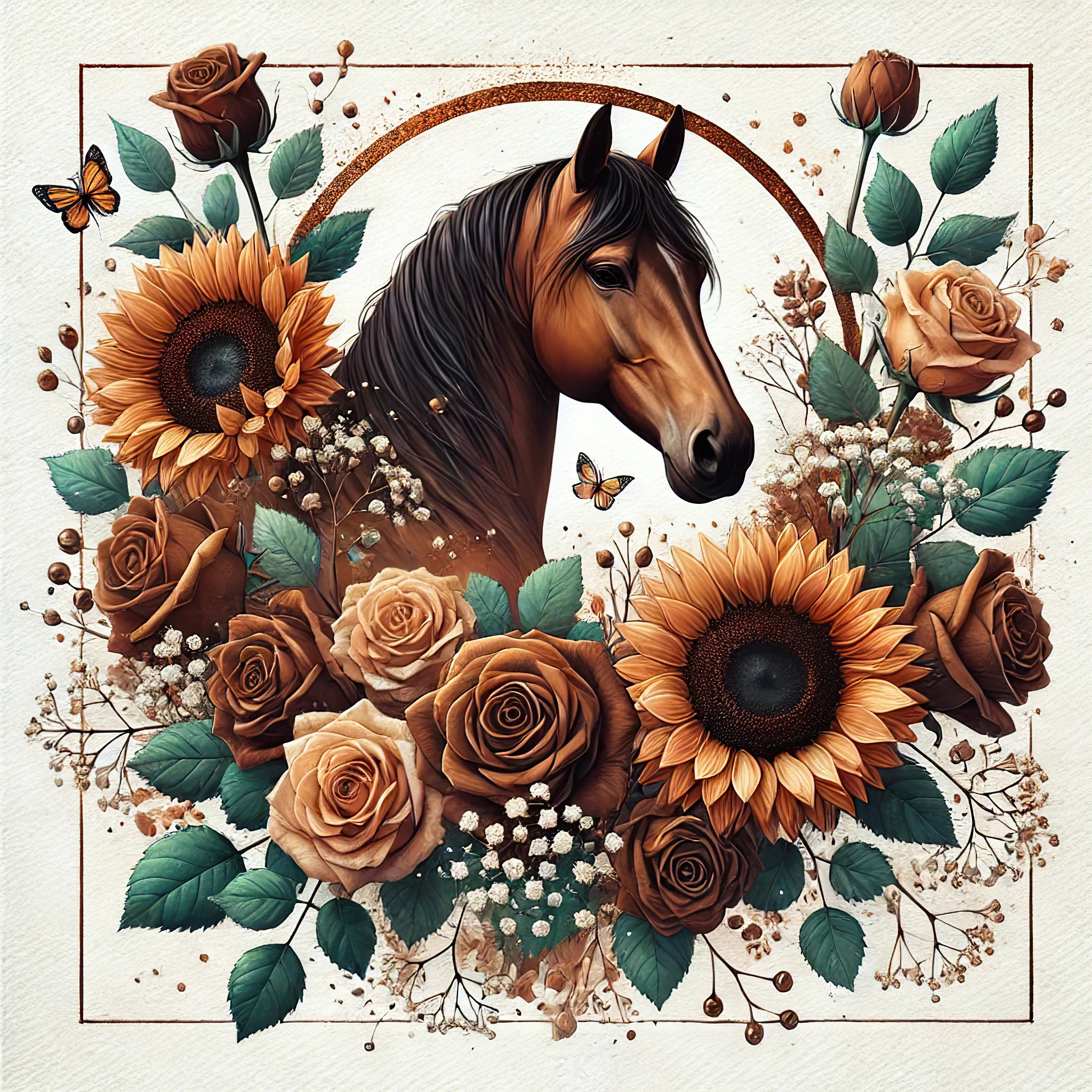 Brown Horse with Sunflowers and Roses