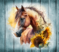 Watercolor Brown Horse with Sunflowers on Rustic Wood