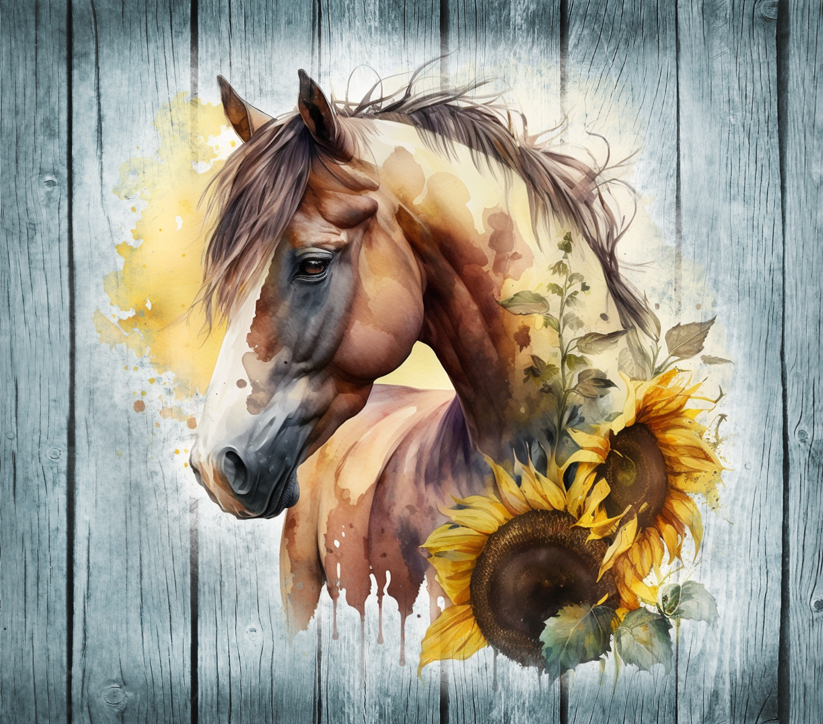 Watercolor Brown Horse with Sunflowers on Rustic Wood
