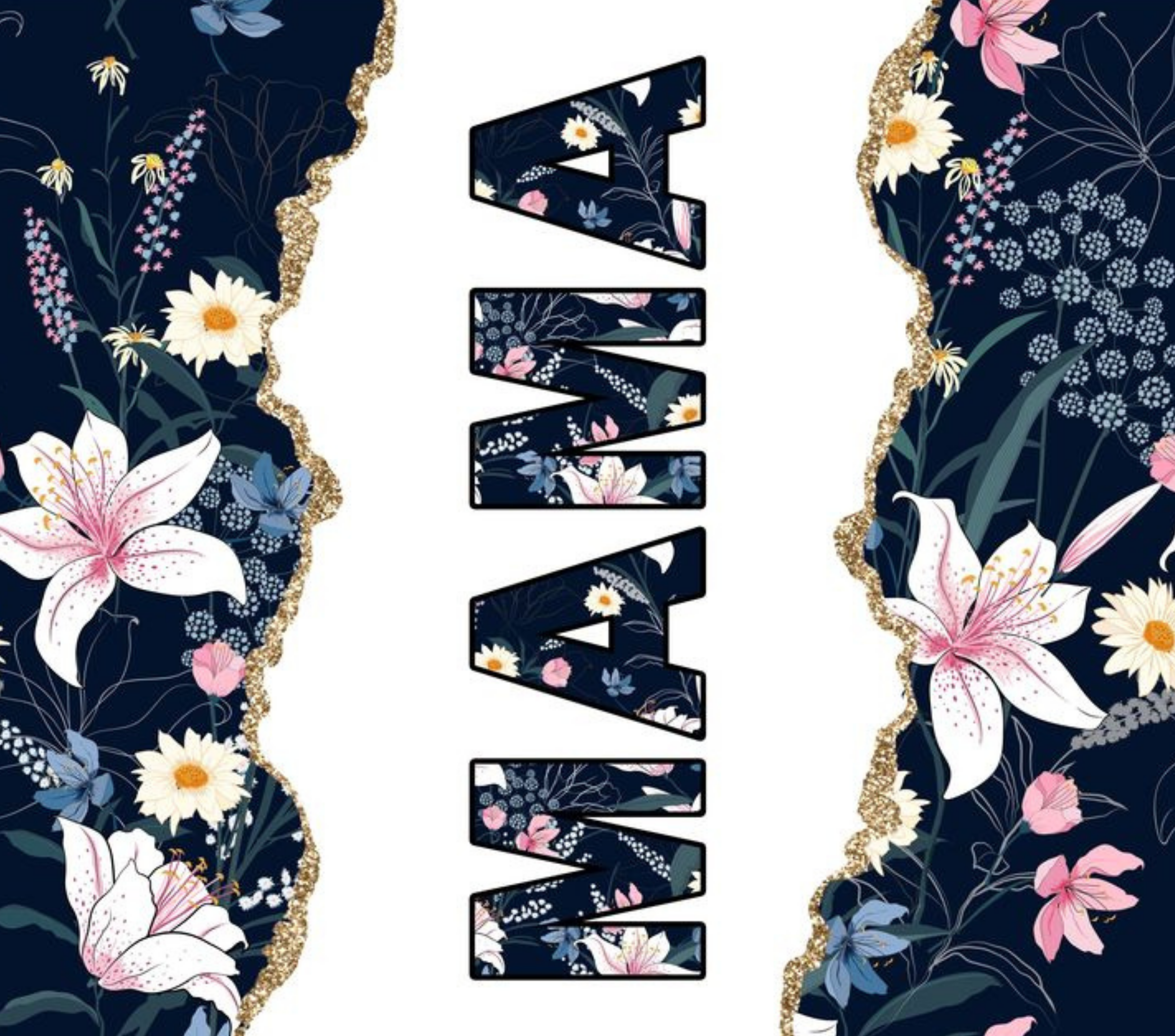Mama Navy Floral Tumbler - Gold Glitter and Wildflowers