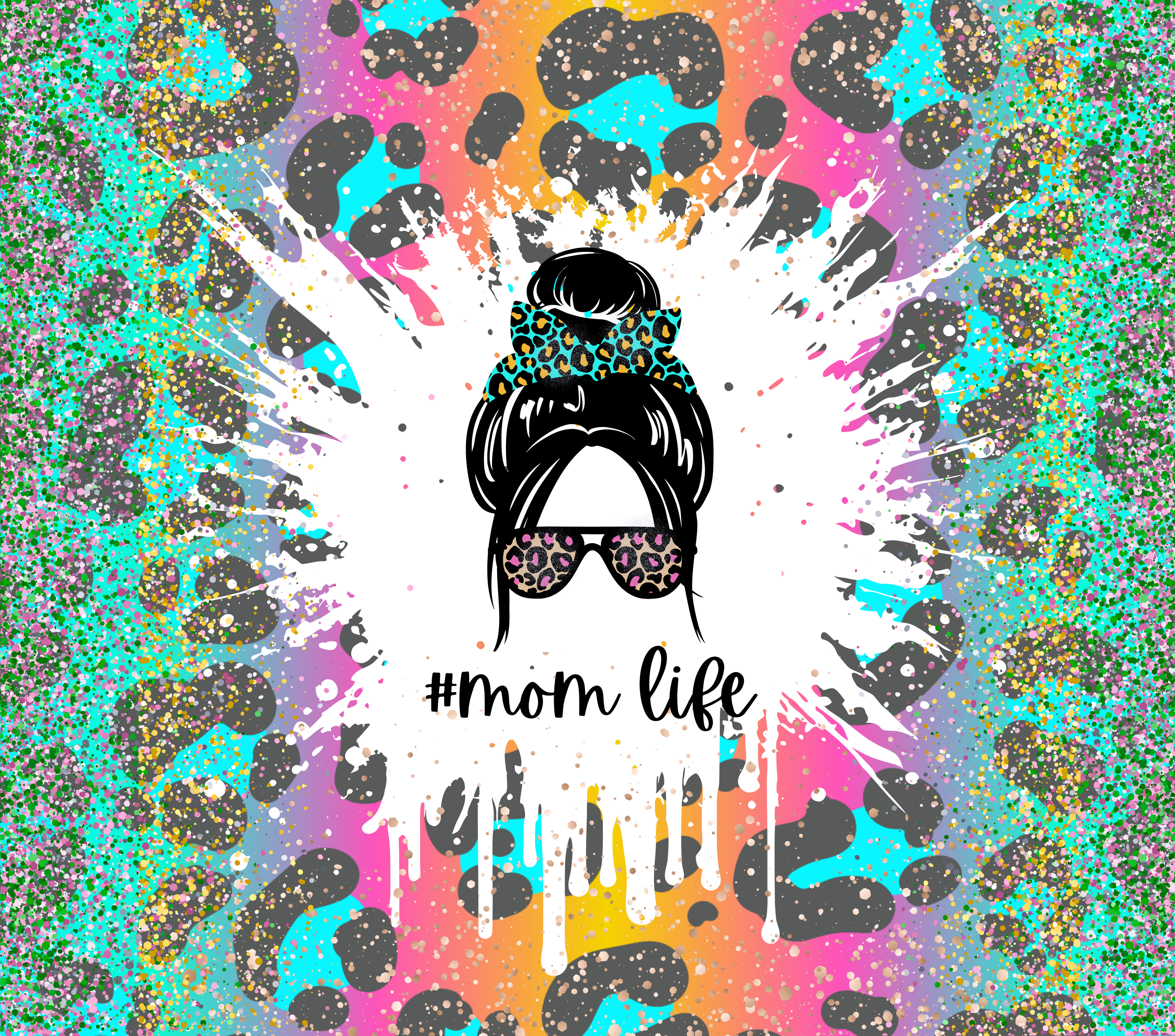 Mom Life Messy Bun Glitter Tumbler - Rainbow Leopard Splash