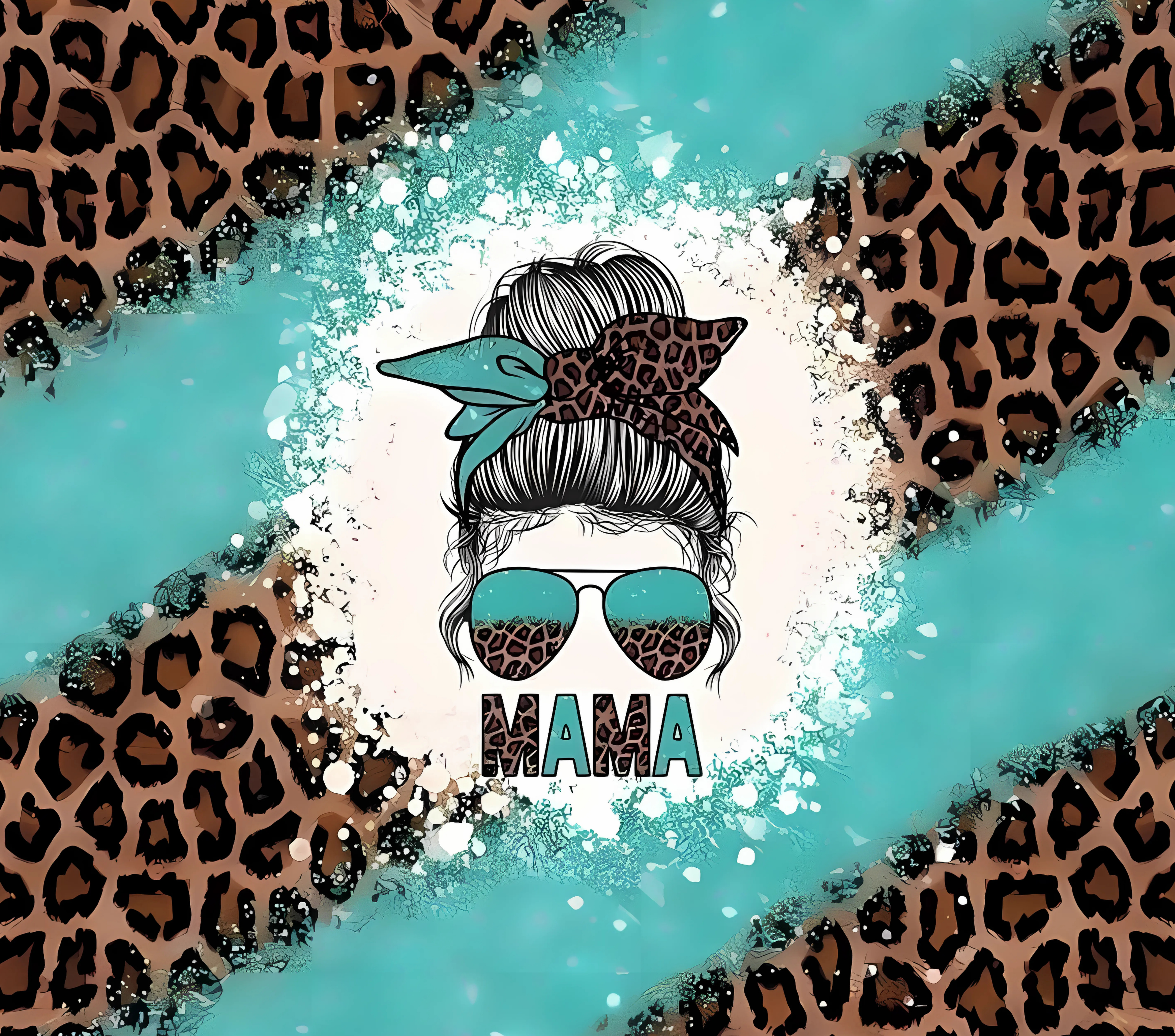 Mama Messy Bun Turquoise Tumbler - Leopard Glitter Splash