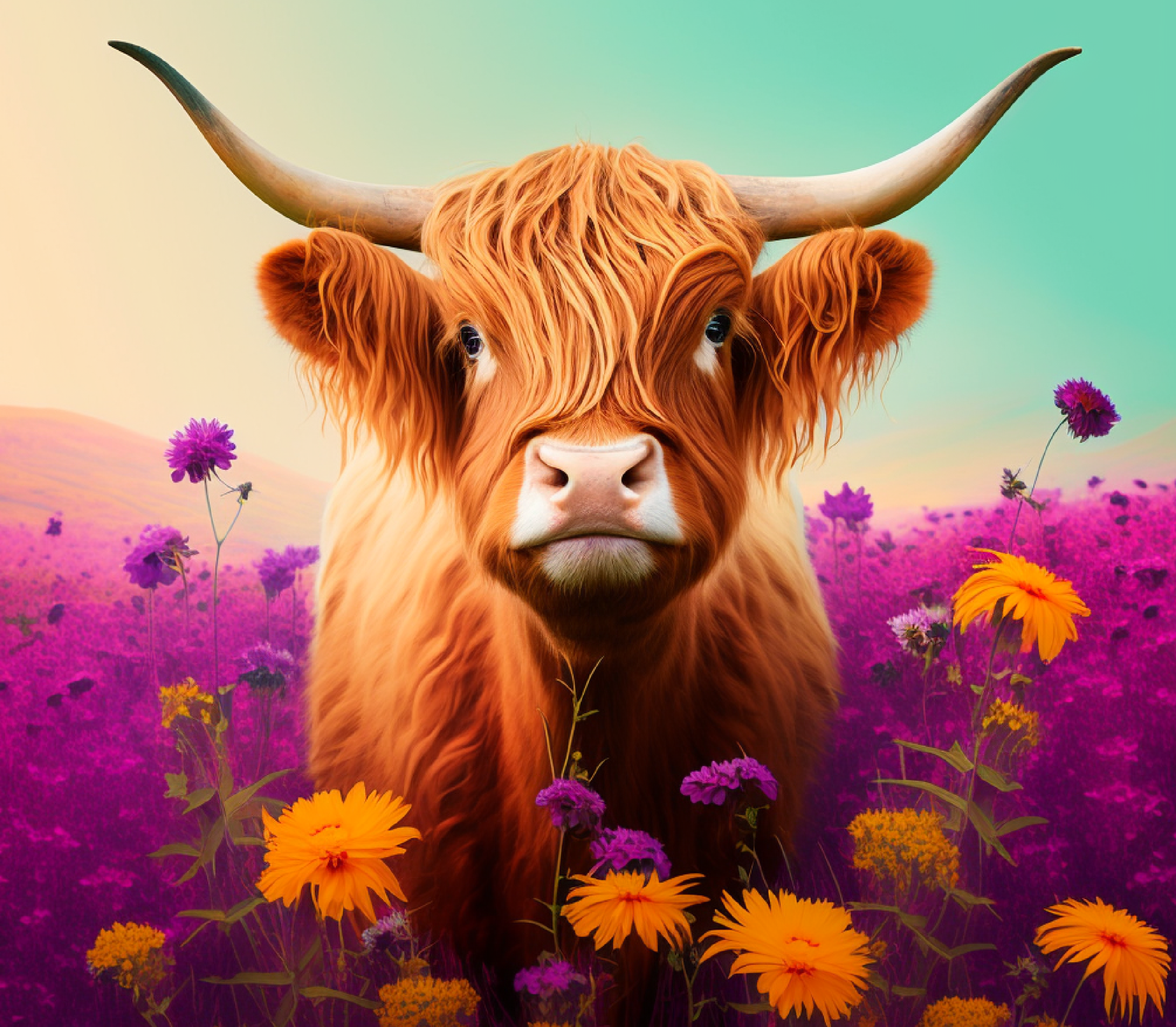 Highland Cow - Sunset Meadow