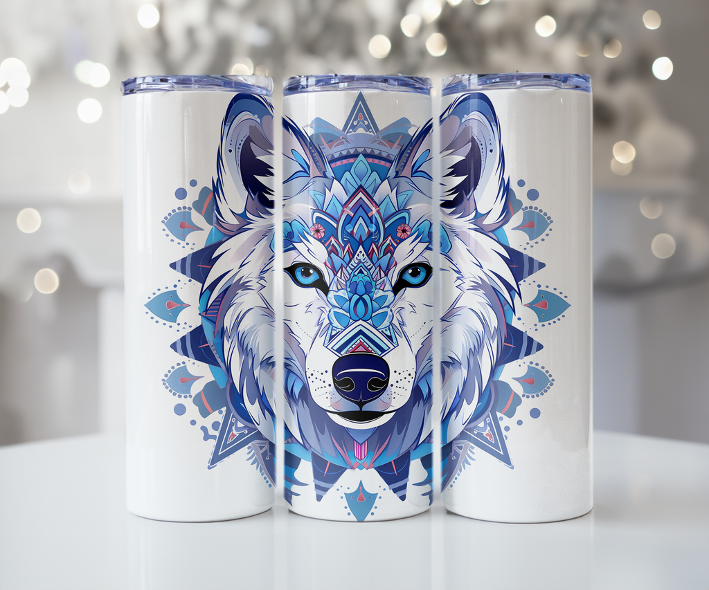 Ice Blue Wolf Sacred Mandala Tumbler