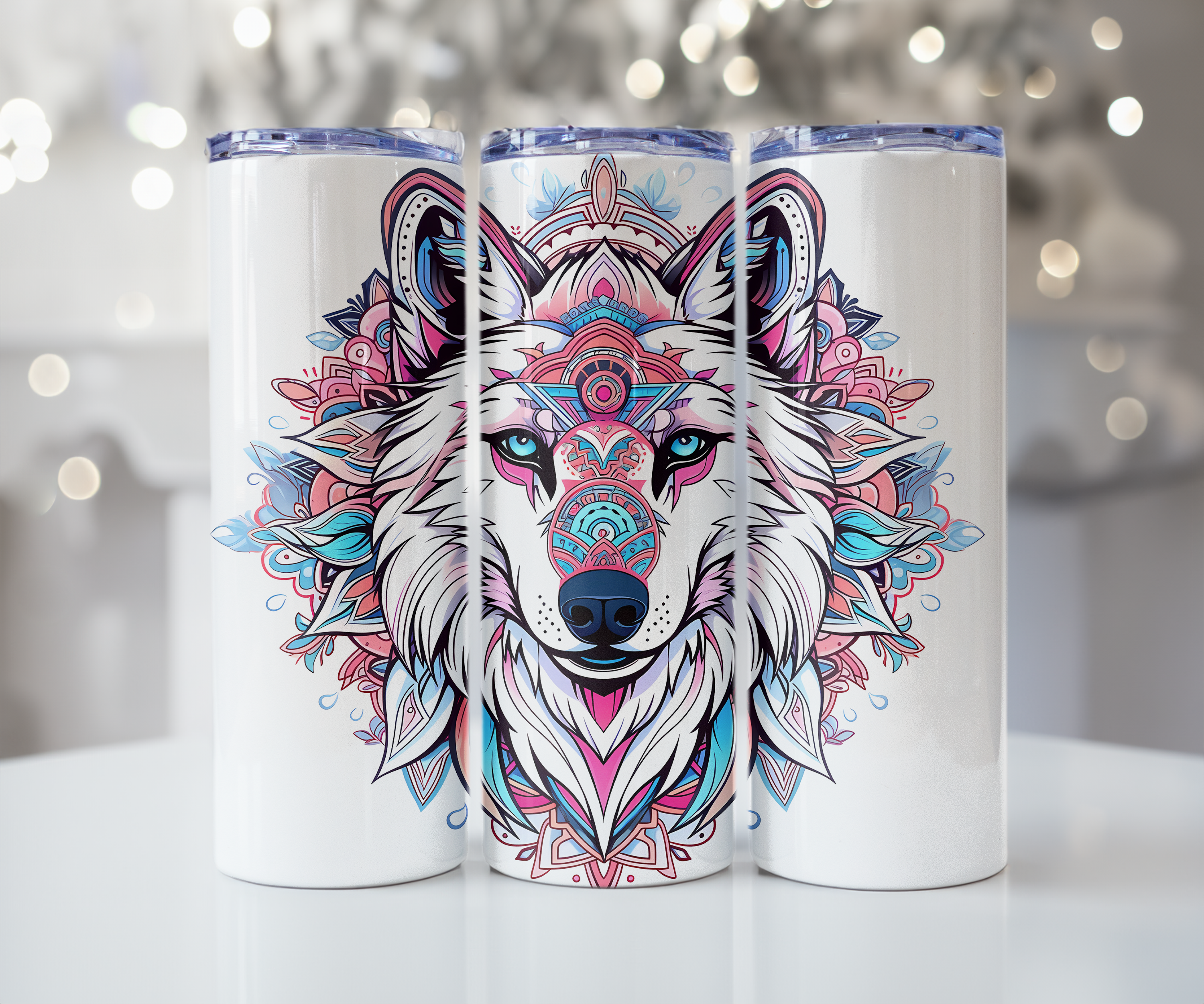 Pink Turquoise Wolf Mandala Tumbler