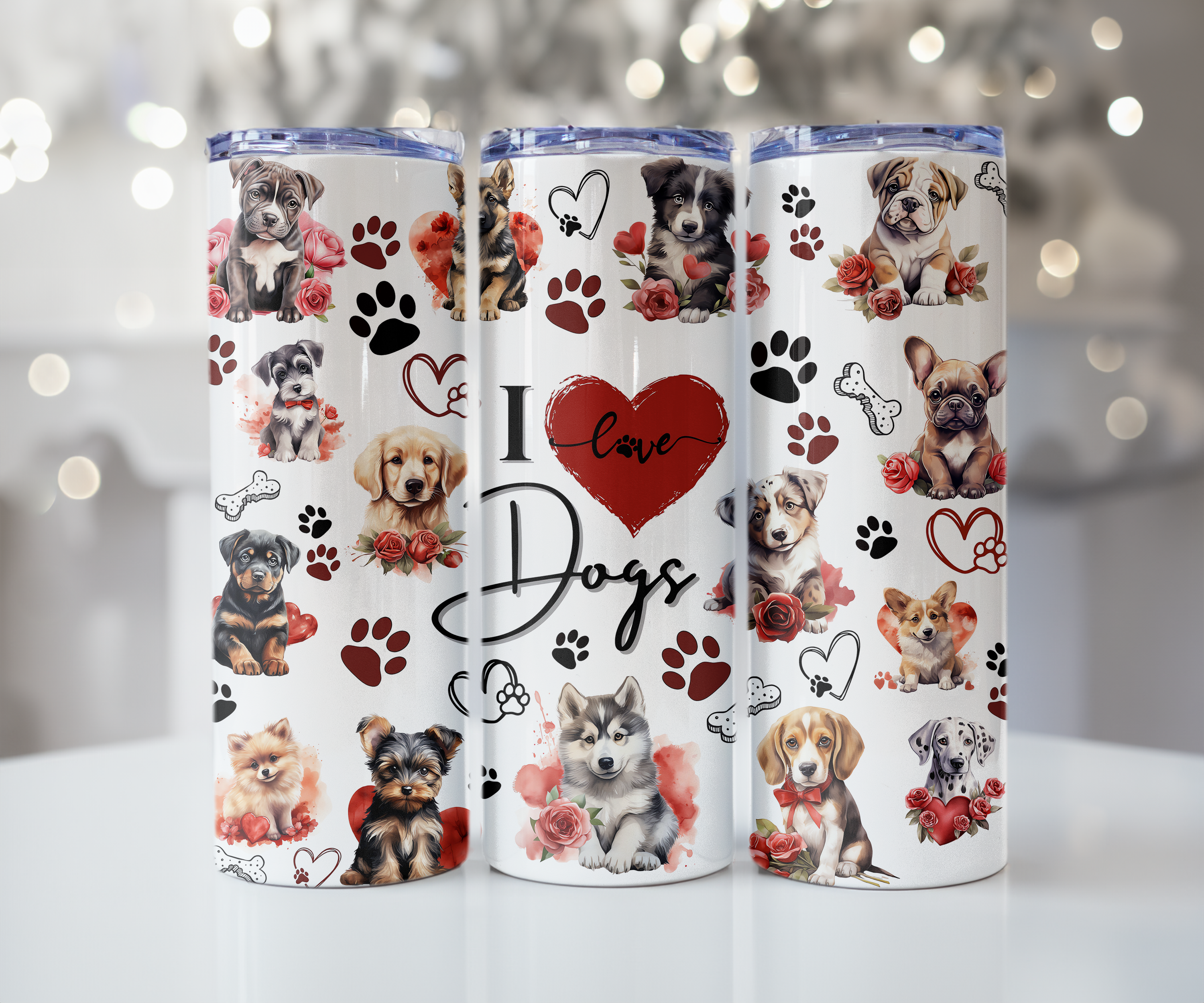 I Love Dogs Tumbler with Puppies and Roses