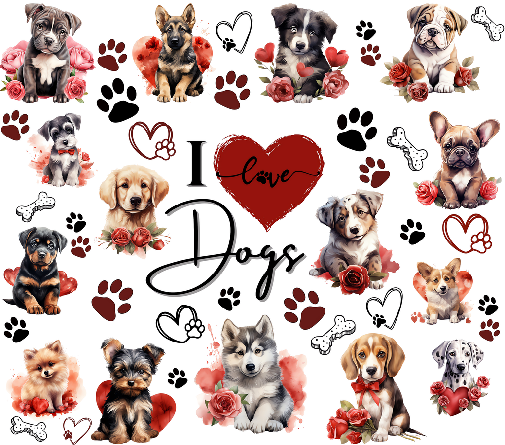 I Love Dogs Tumbler with Puppies and Roses