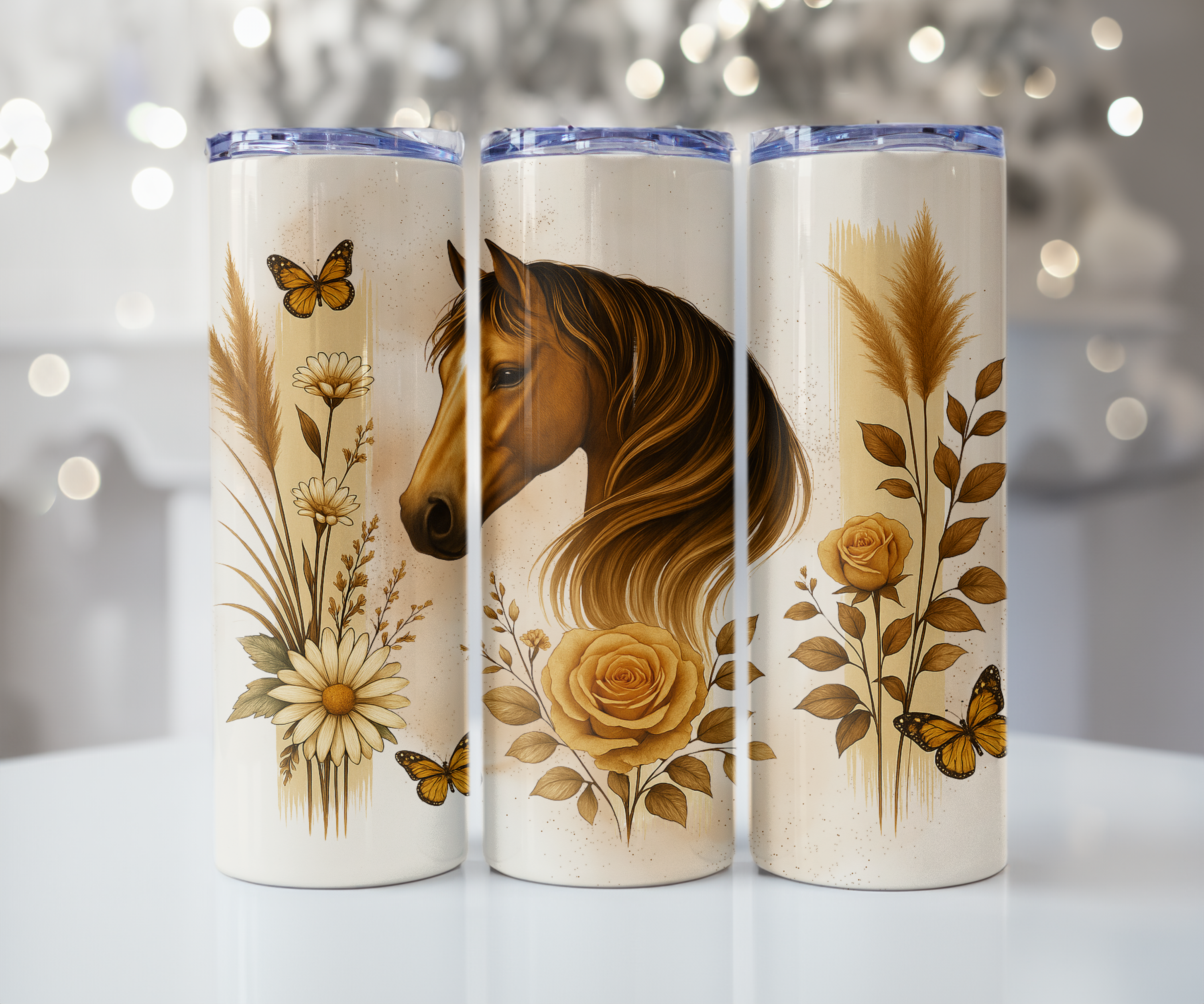 Brown Horse with Tan Roses and Butterflies