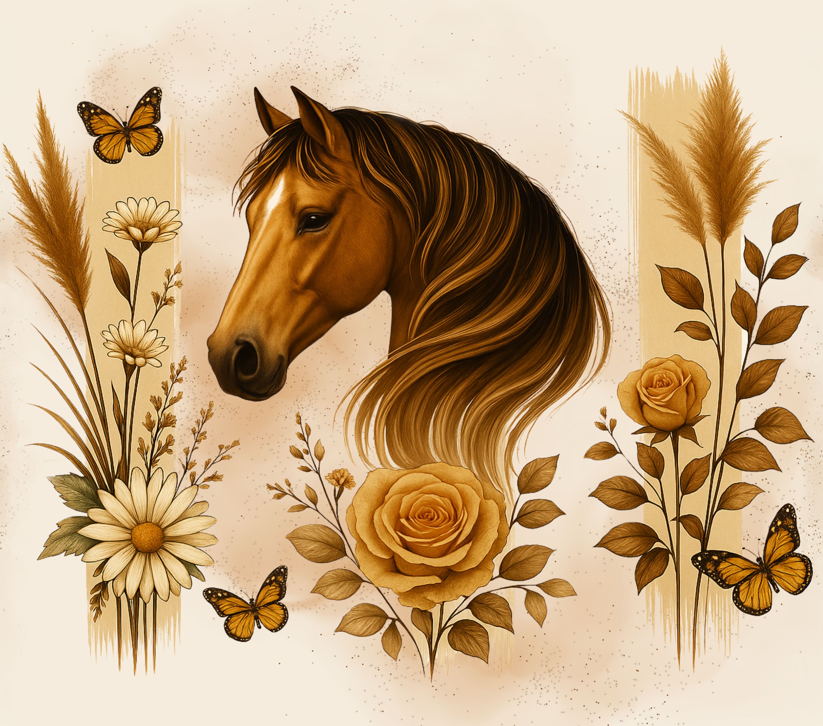 Brown Horse with Tan Roses and Butterflies