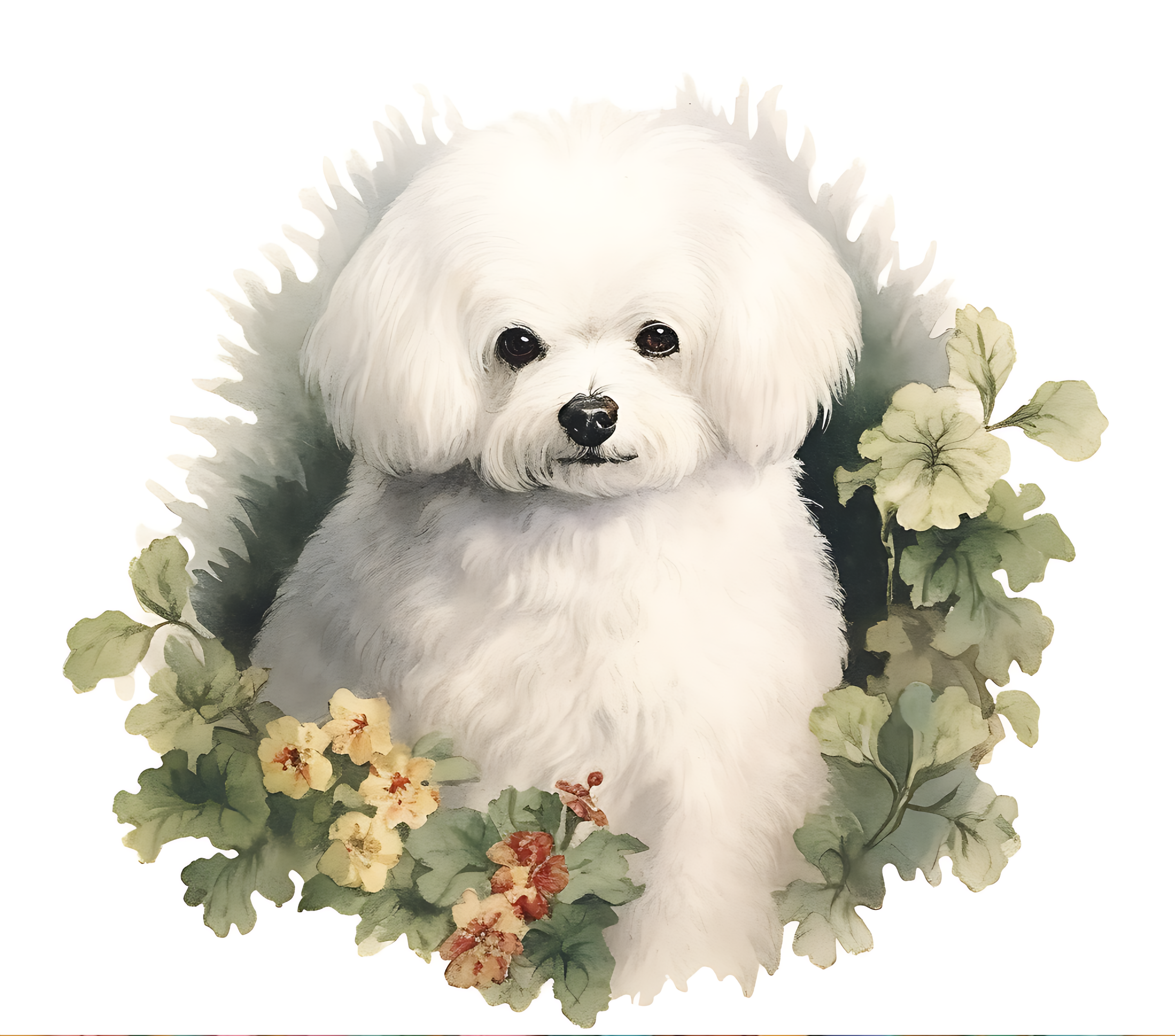 Bichon Frise with Yellow Wildflowers