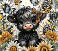 Highland Cow Tumbler - Black & White Sunflowers