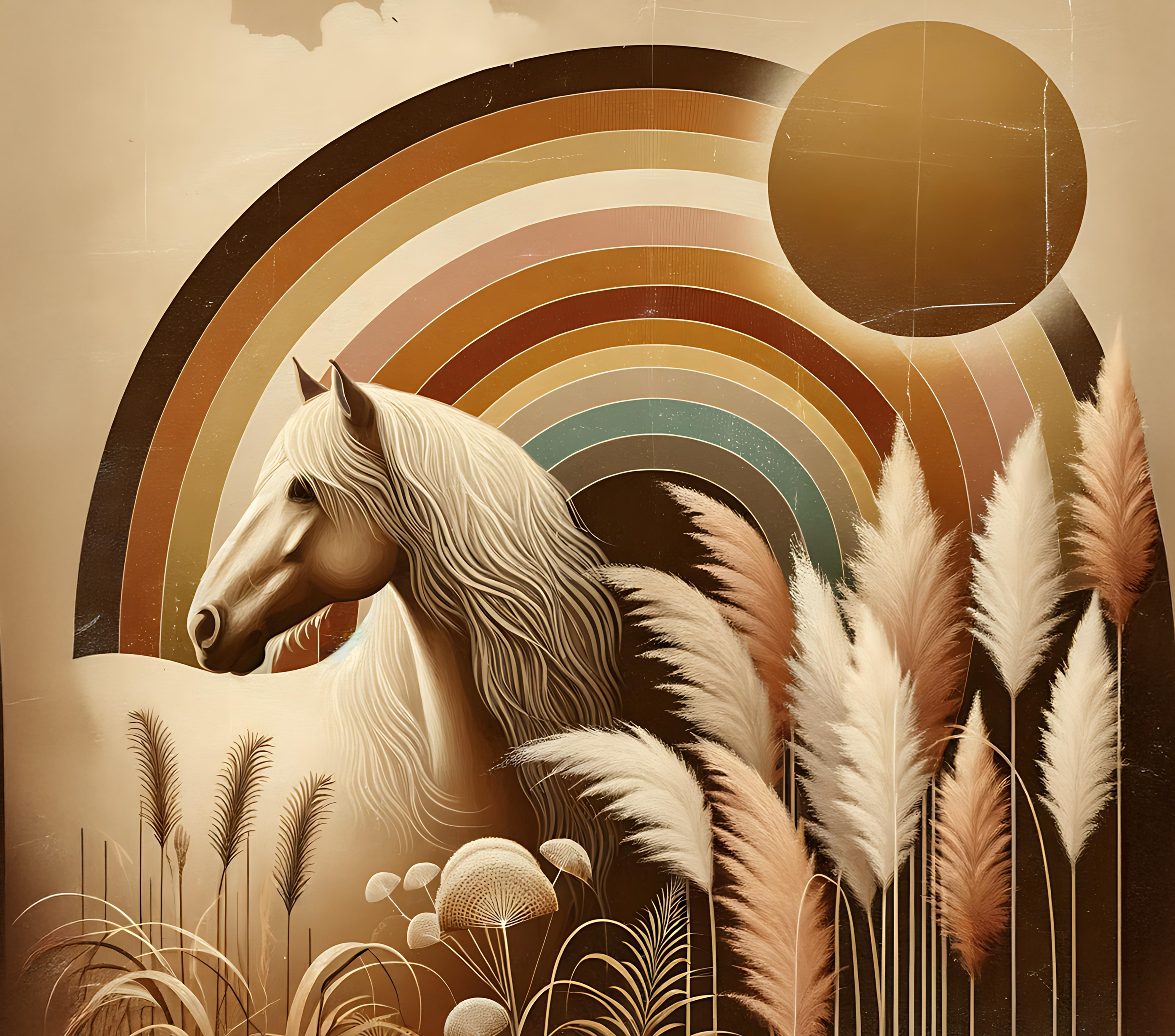 Boho Wild Horse with Rainbow and Pampas Grass
