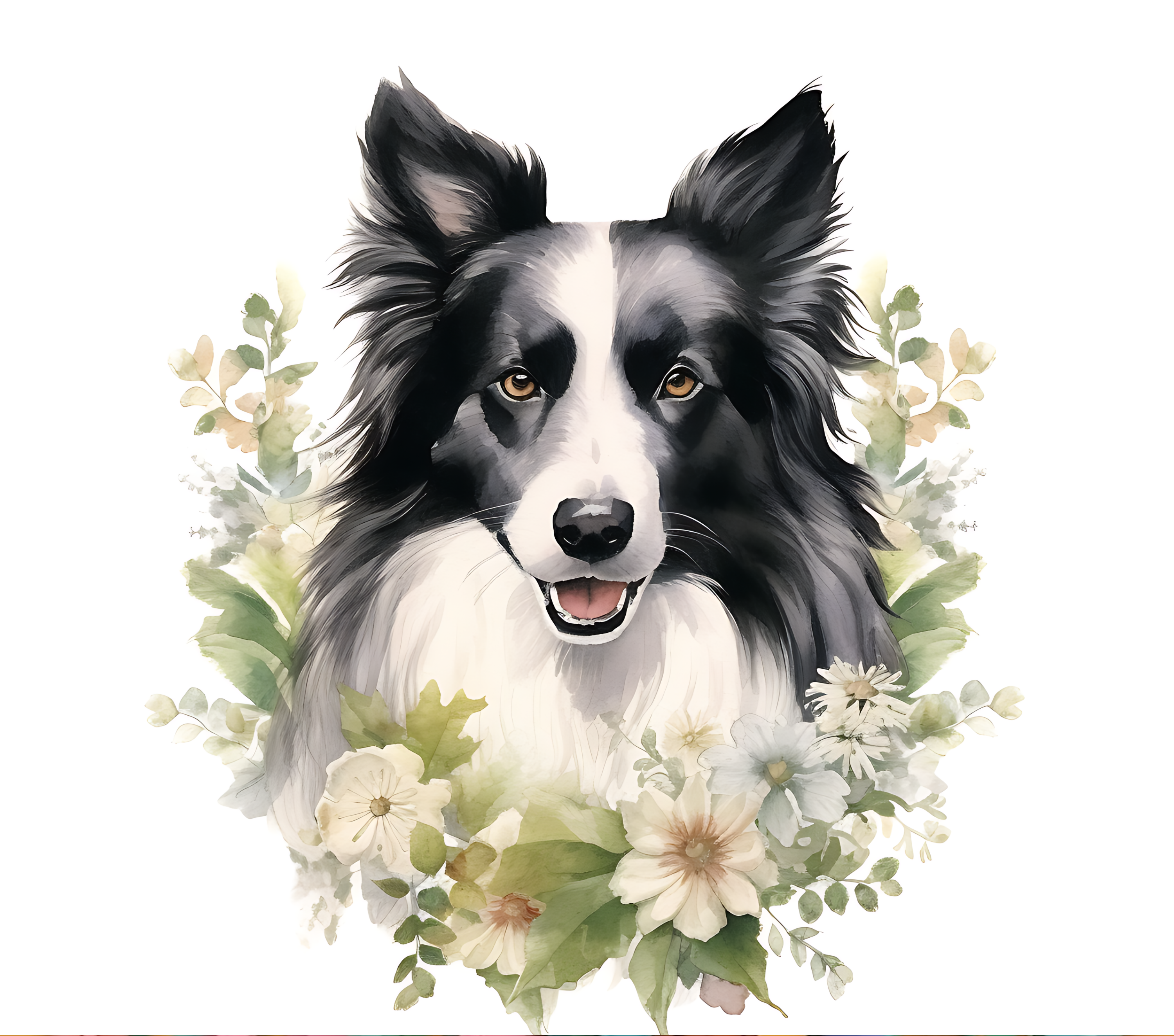 Border Collie with Cream Wildflowers