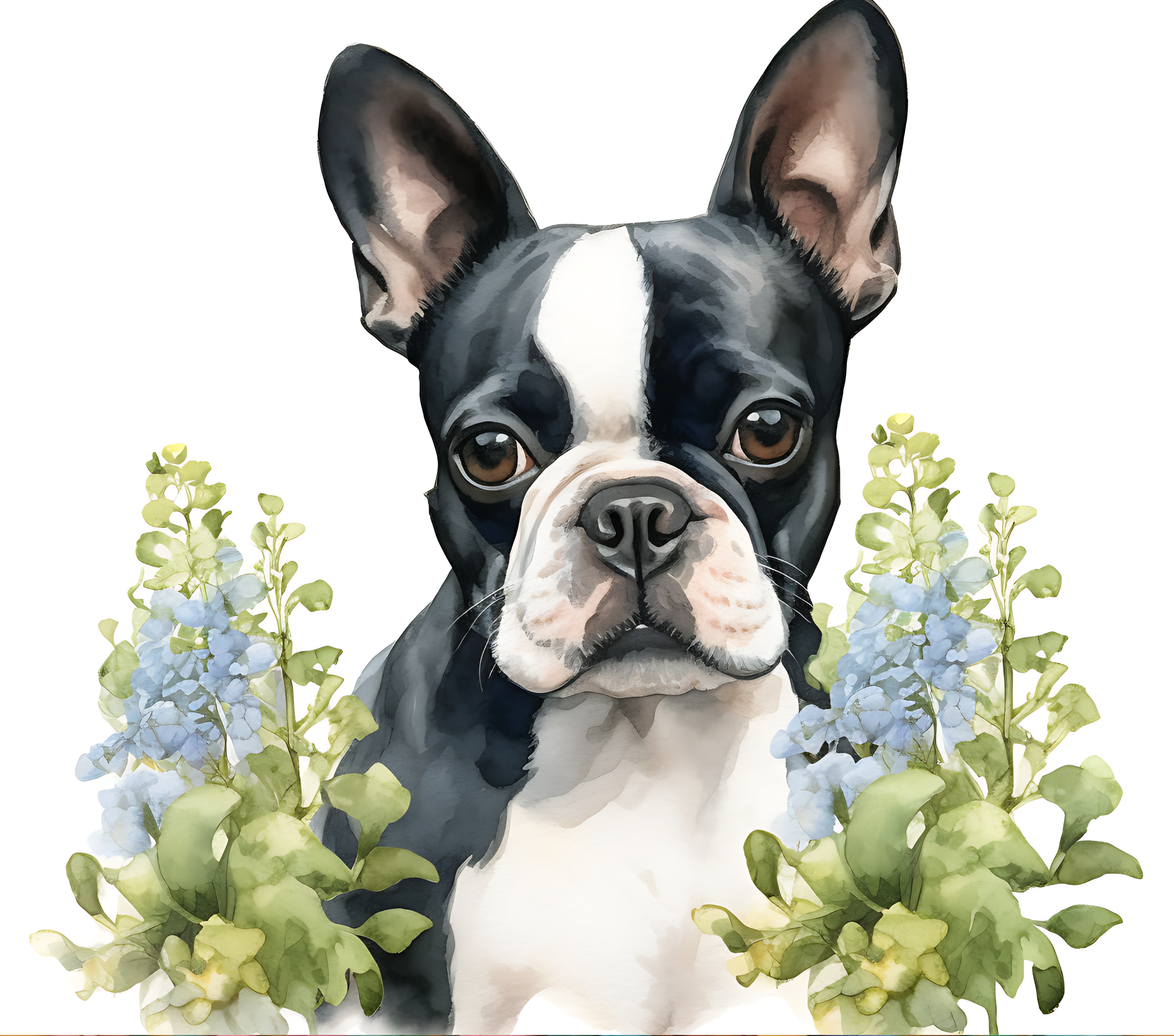 Boston Terrier with Blue Wildflowers