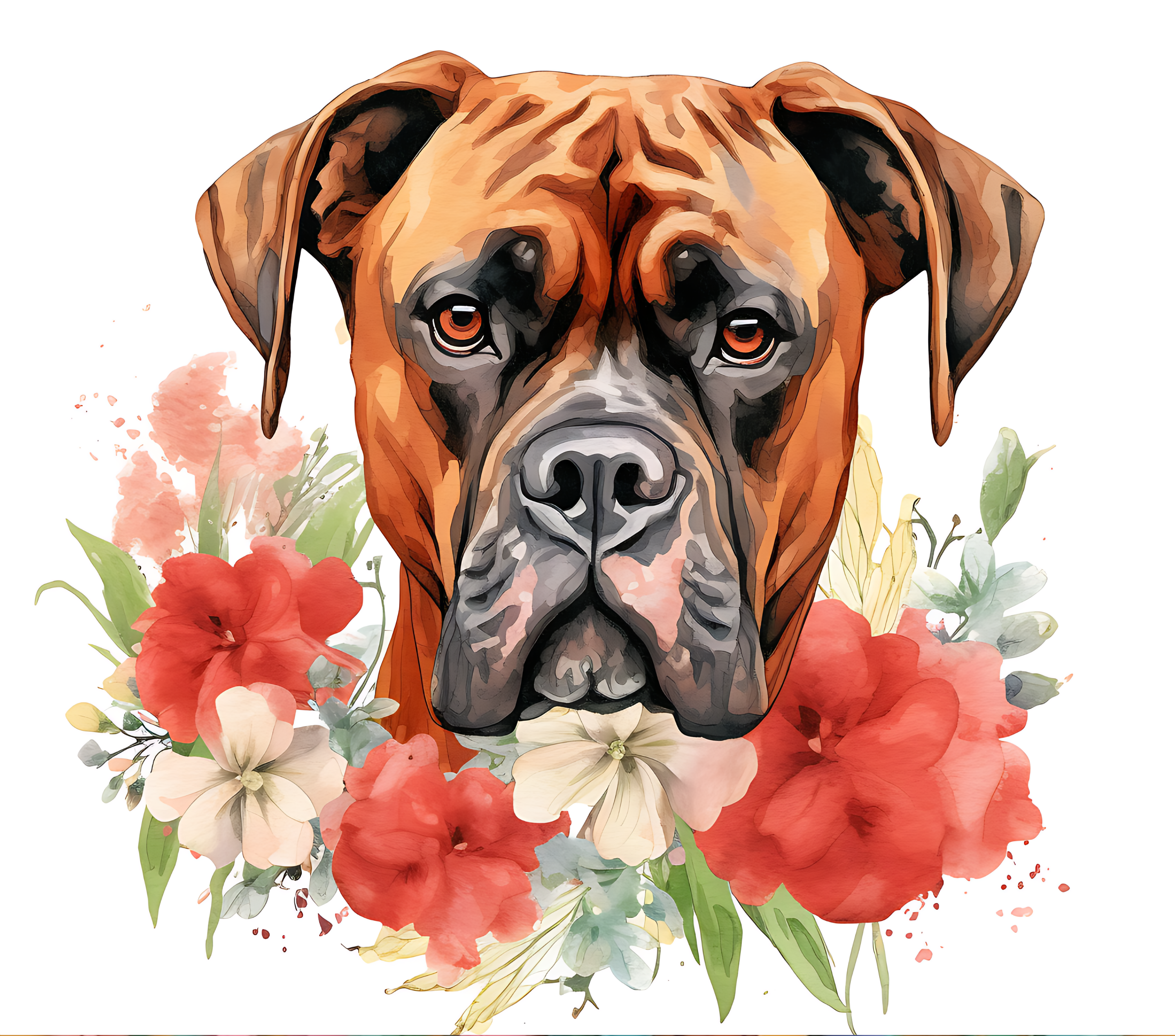 Boxer with Coral Wildflowers