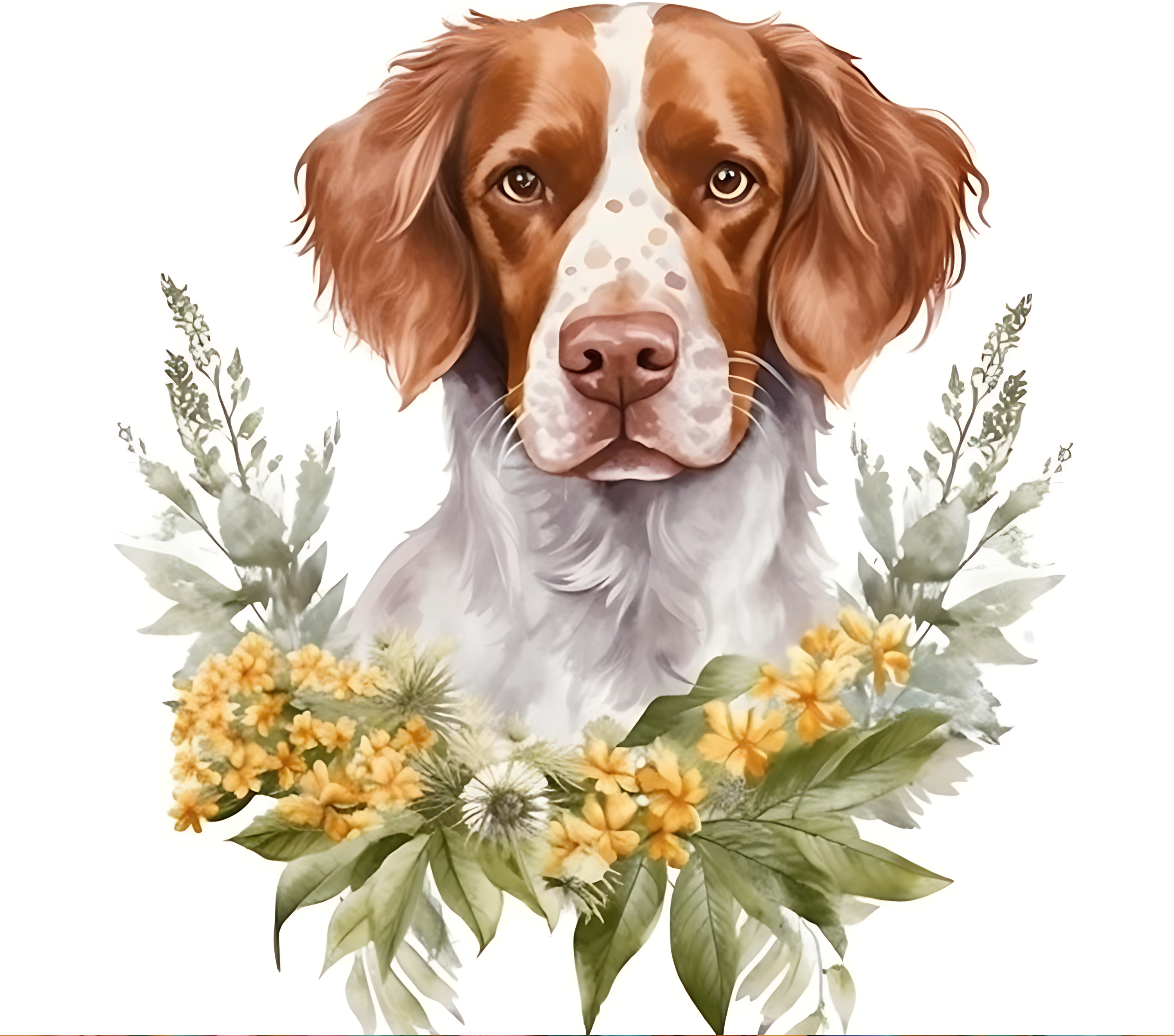 Brittany Spaniel with Yellow Wildflowers
