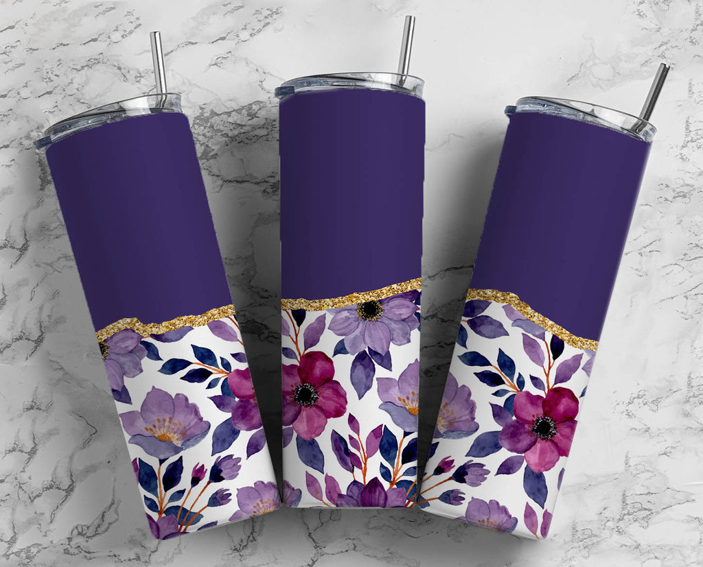 Purple Floral Tumbler - Customizable
