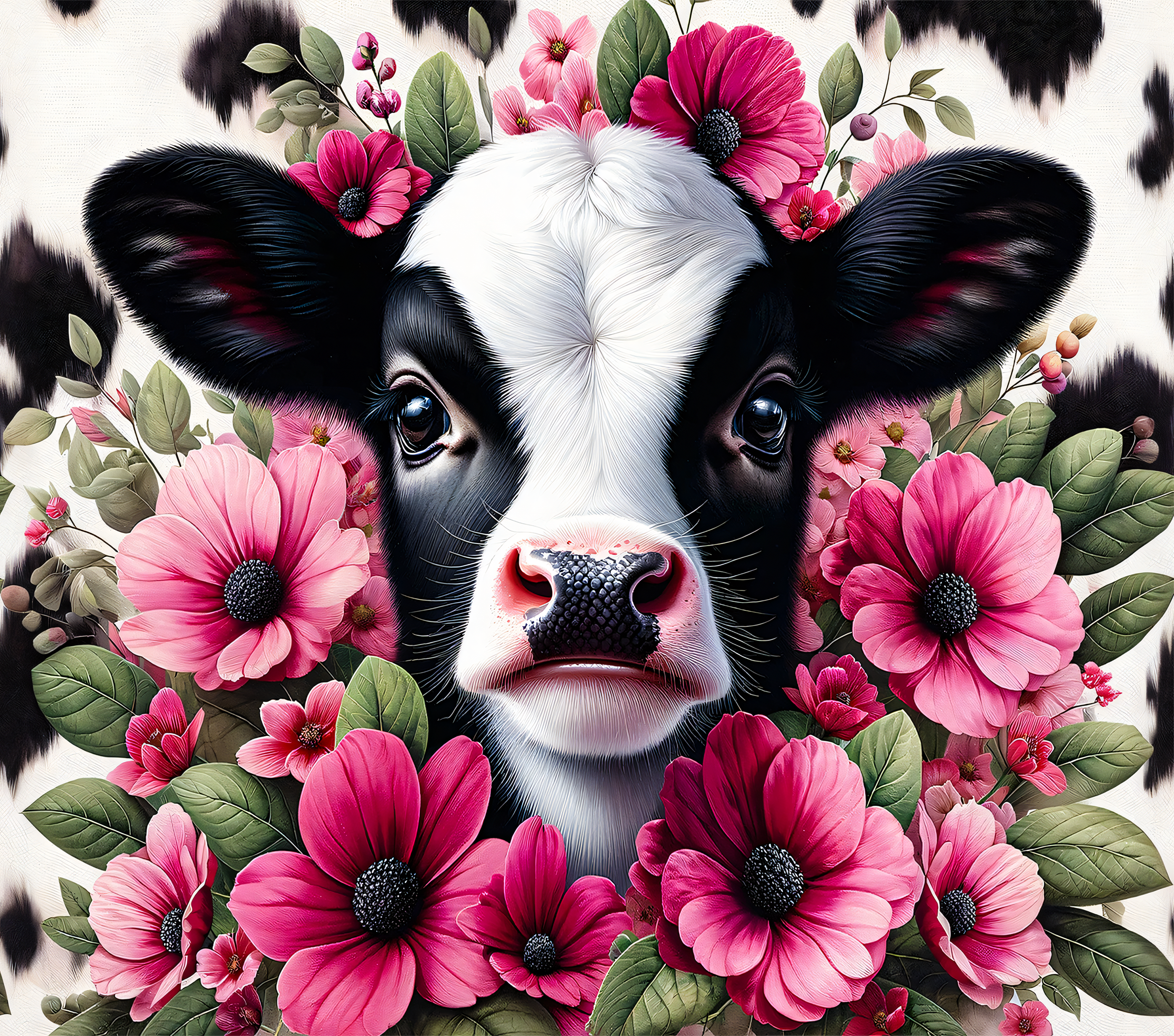Dairy Cow with Pink Flowers