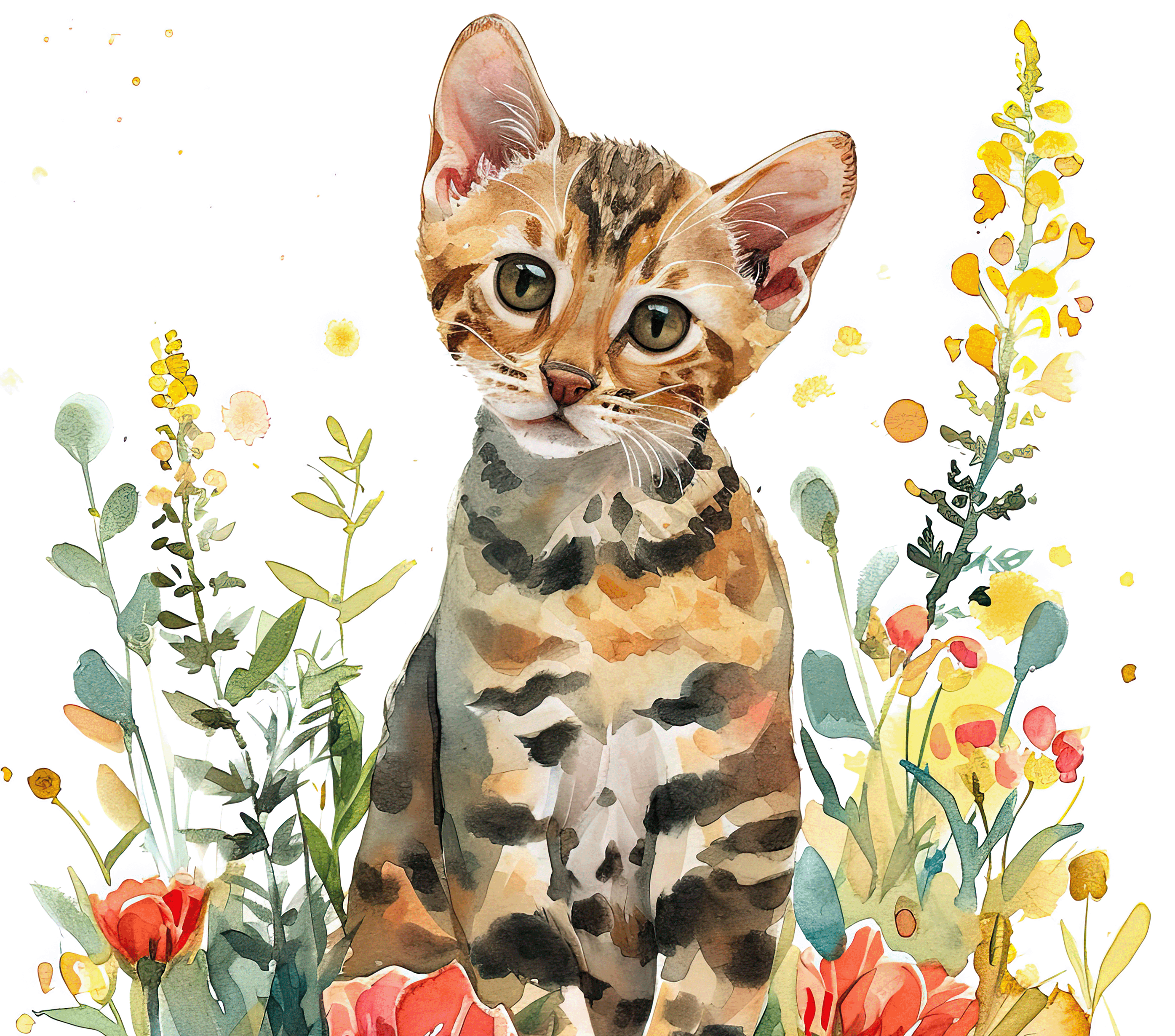 Bengal Kitten 2 Yellow Wildflowers Watercolor Tumbler - 20oz