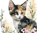 Watercolor Calico Kitten with Pink Wildflowers 5