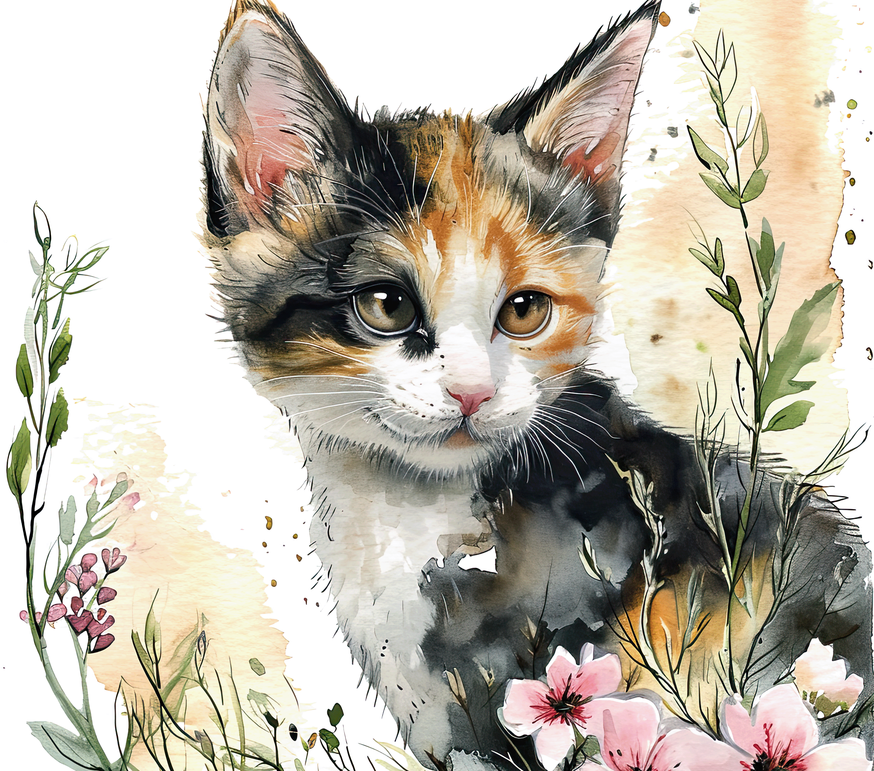 Watercolor Calico Kitten with Pink Wildflowers 5