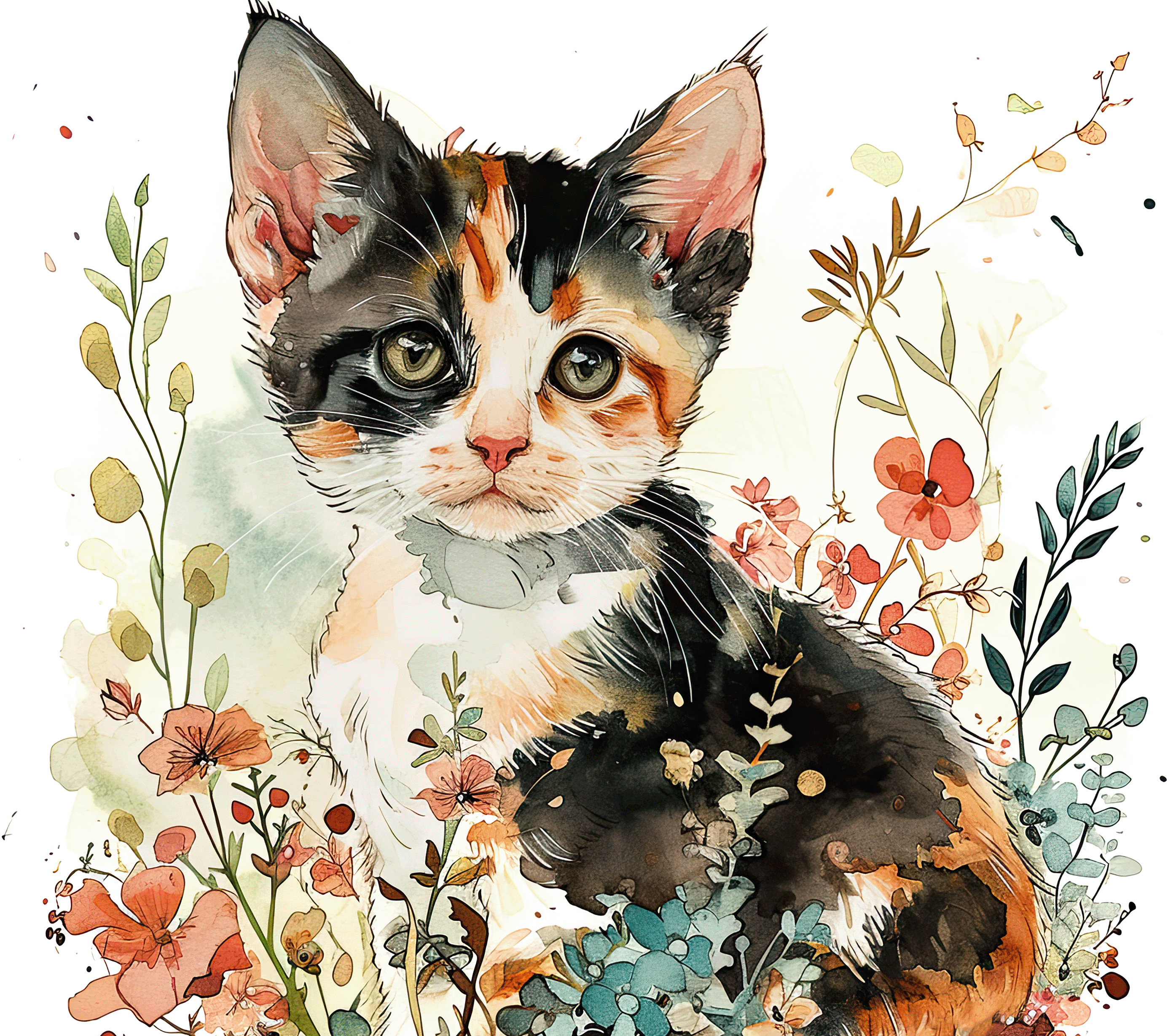Watercolor Calico Kitten with Coral Wildflowers 6