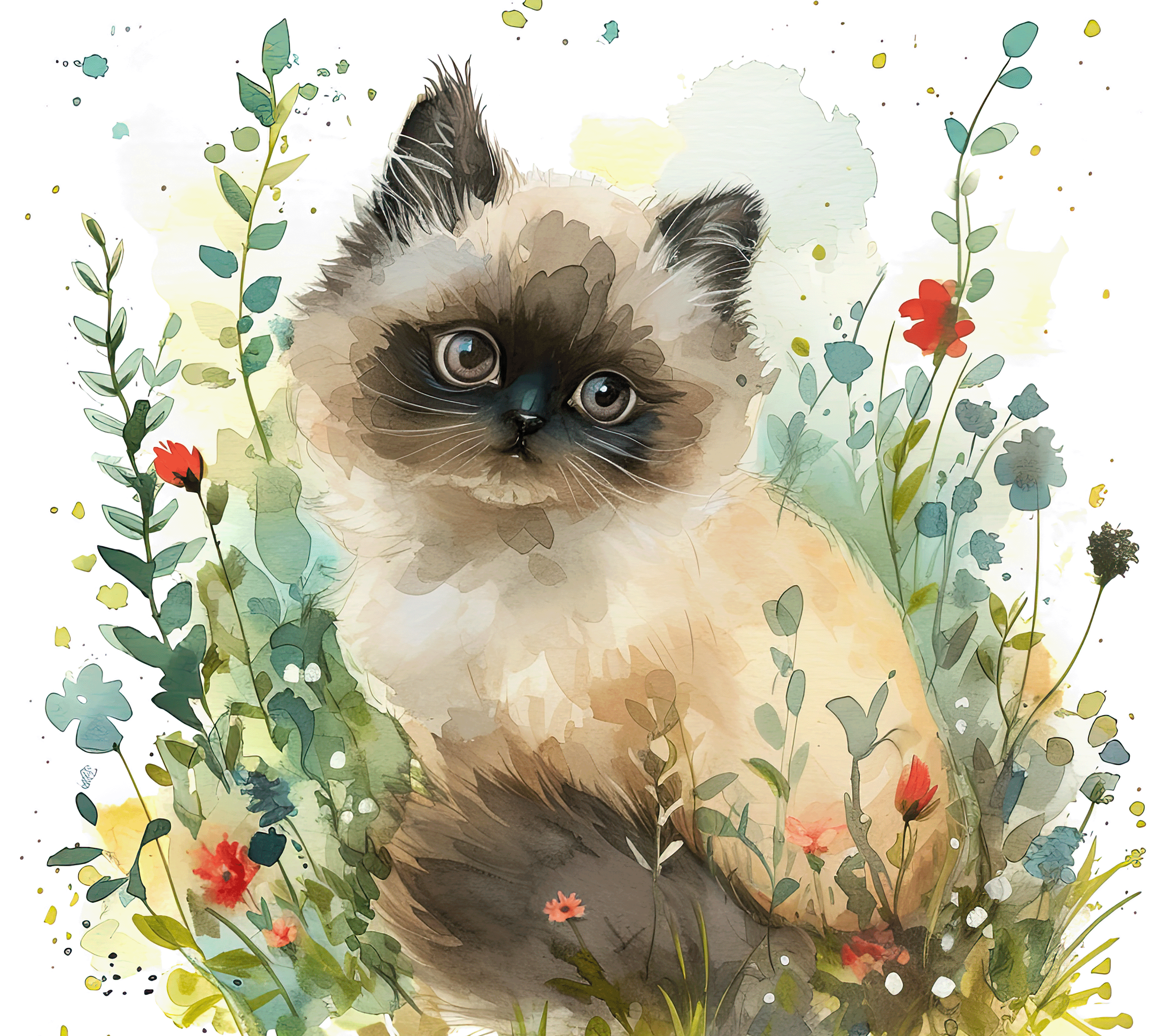 Watercolor Himalayan Kitten with Eucalyptus 2