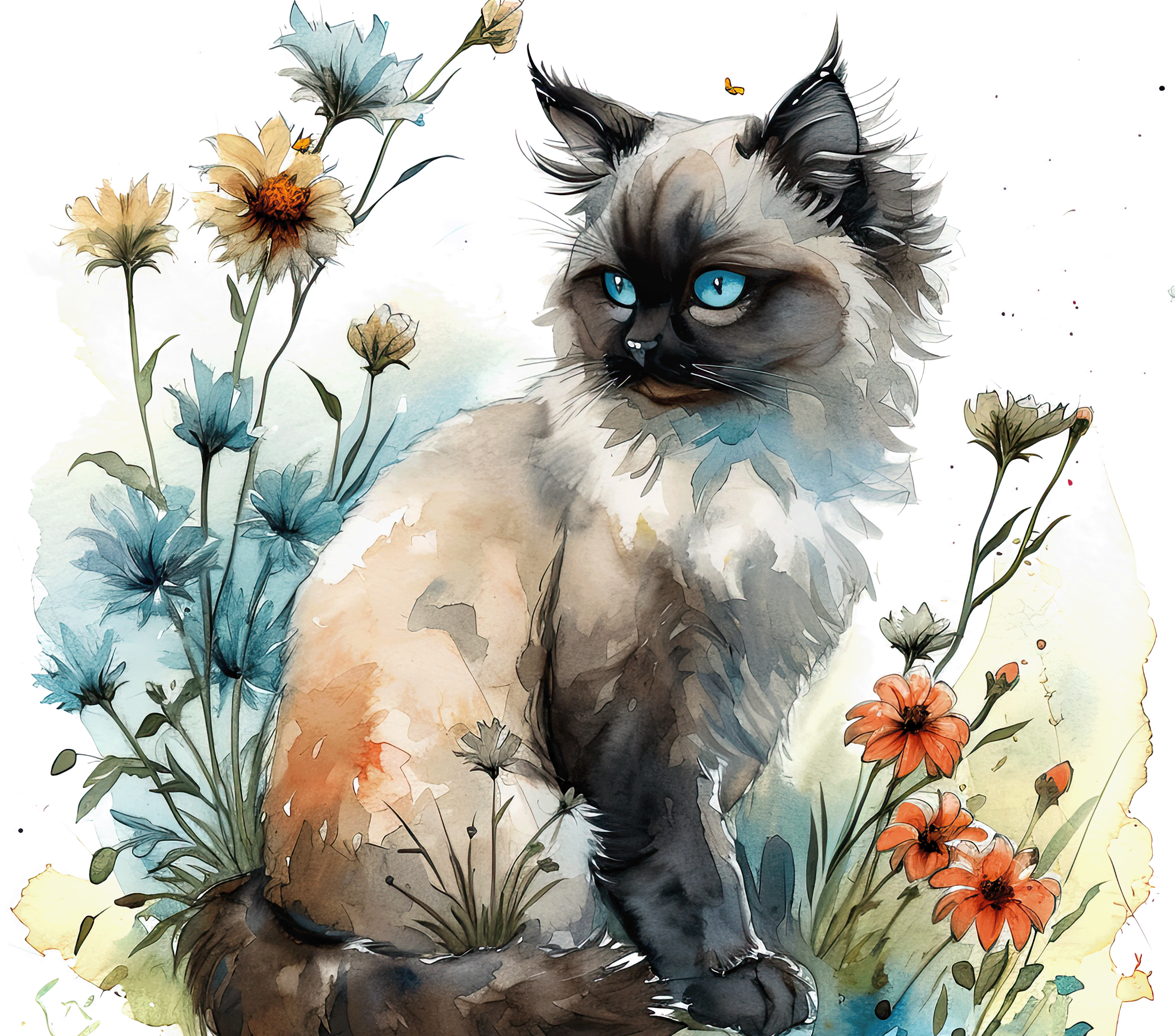 Watercolor Himalayan Cat with Wildflowers 4