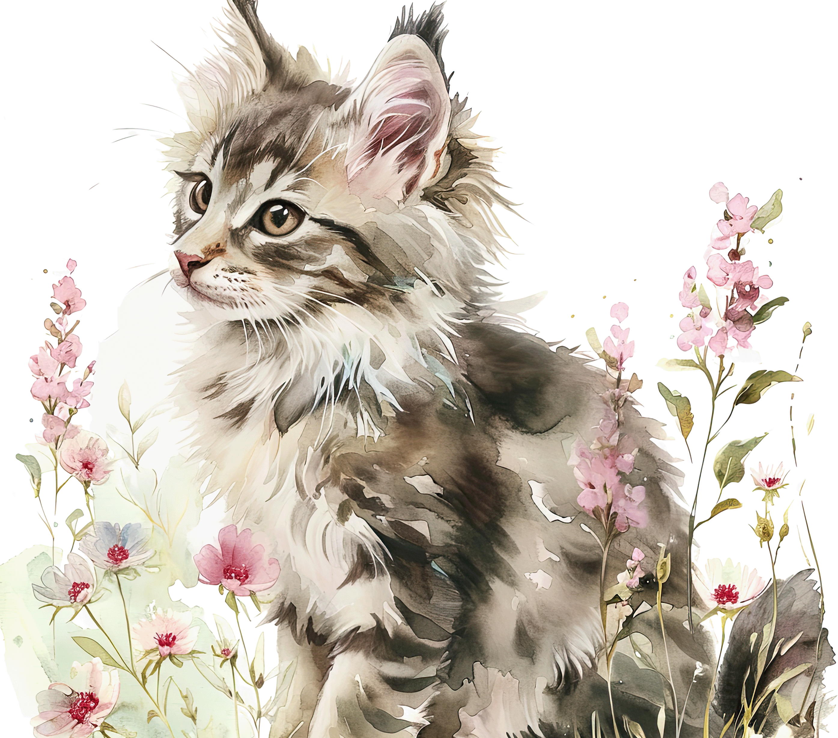 Watercolor Norwegian Forest Cat Kitten 1