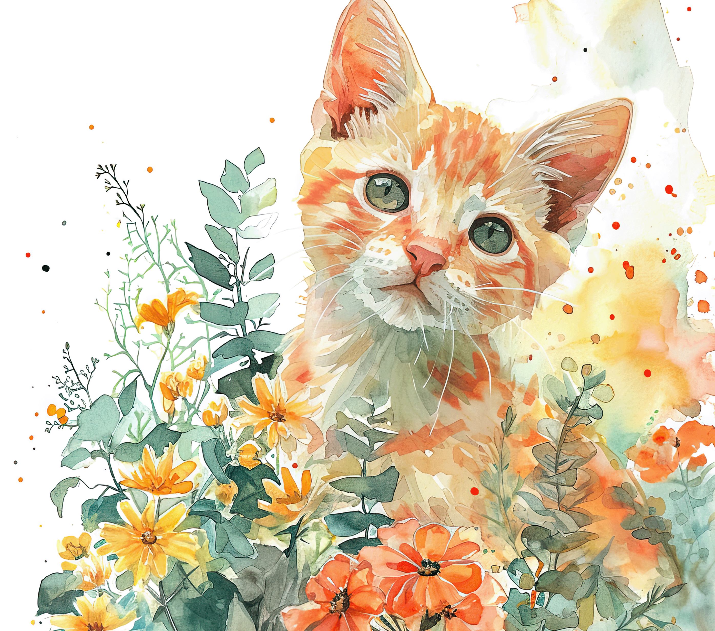 Watercolor Orange and White Kitten 4