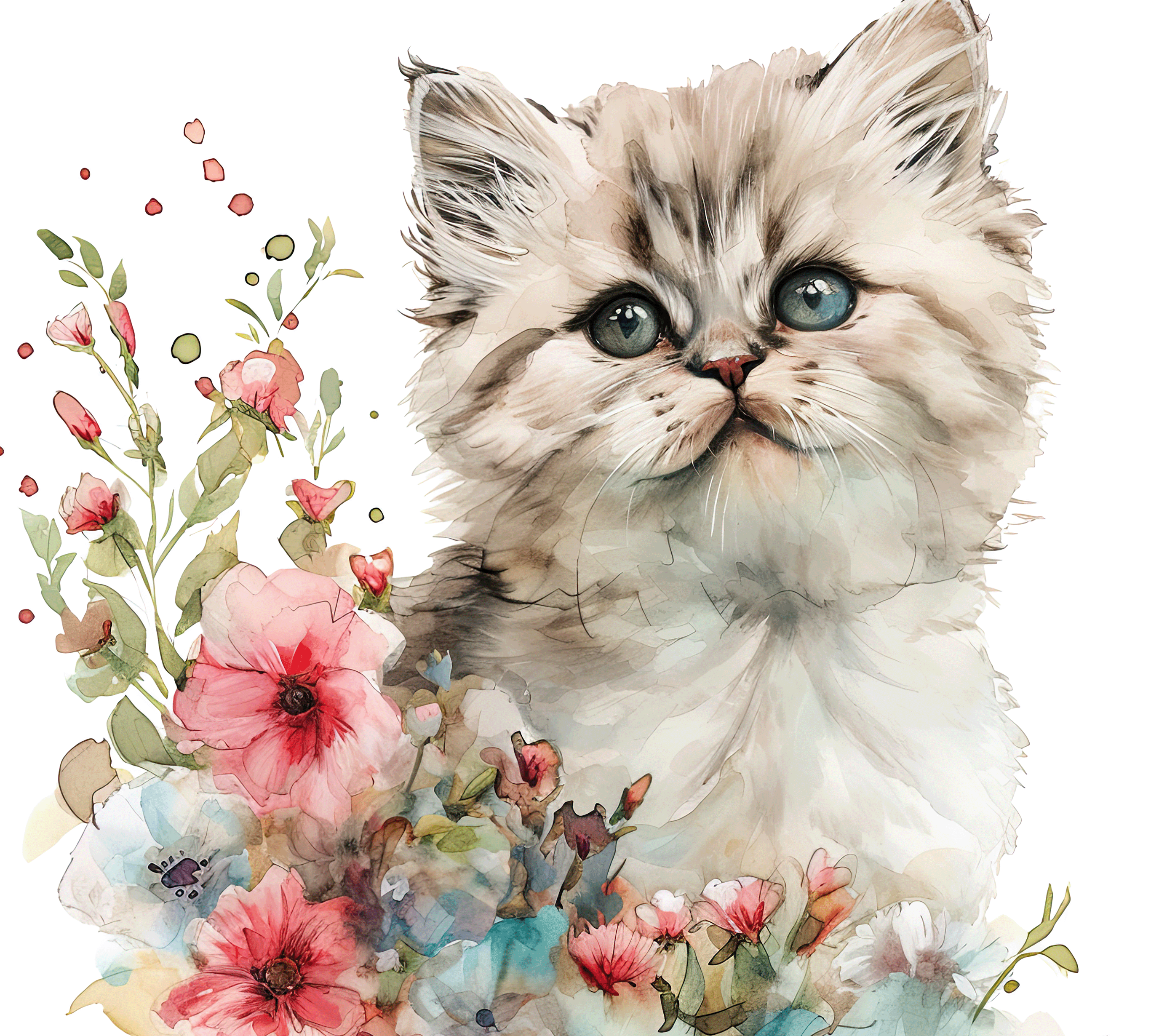 Watercolor Persian Kitten with Pink Wildflowers 3