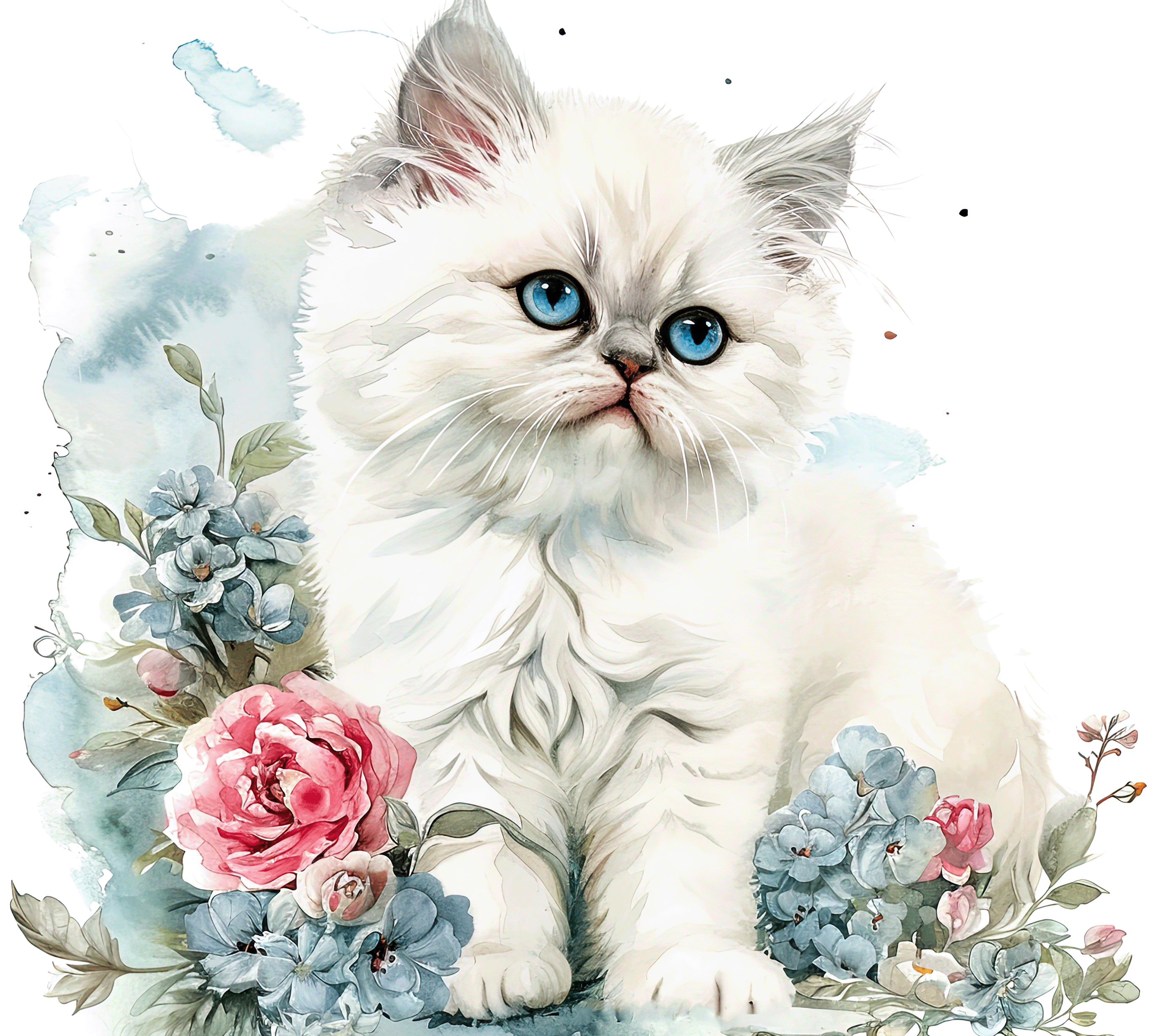 Watercolor White Persian Cat with Blue Flowers 4
