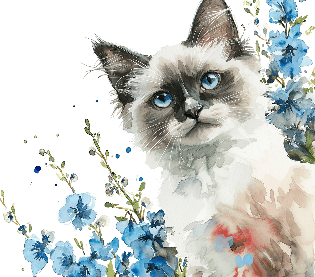 Watercolor Ragdoll Cat with Blue Delphiniums 1