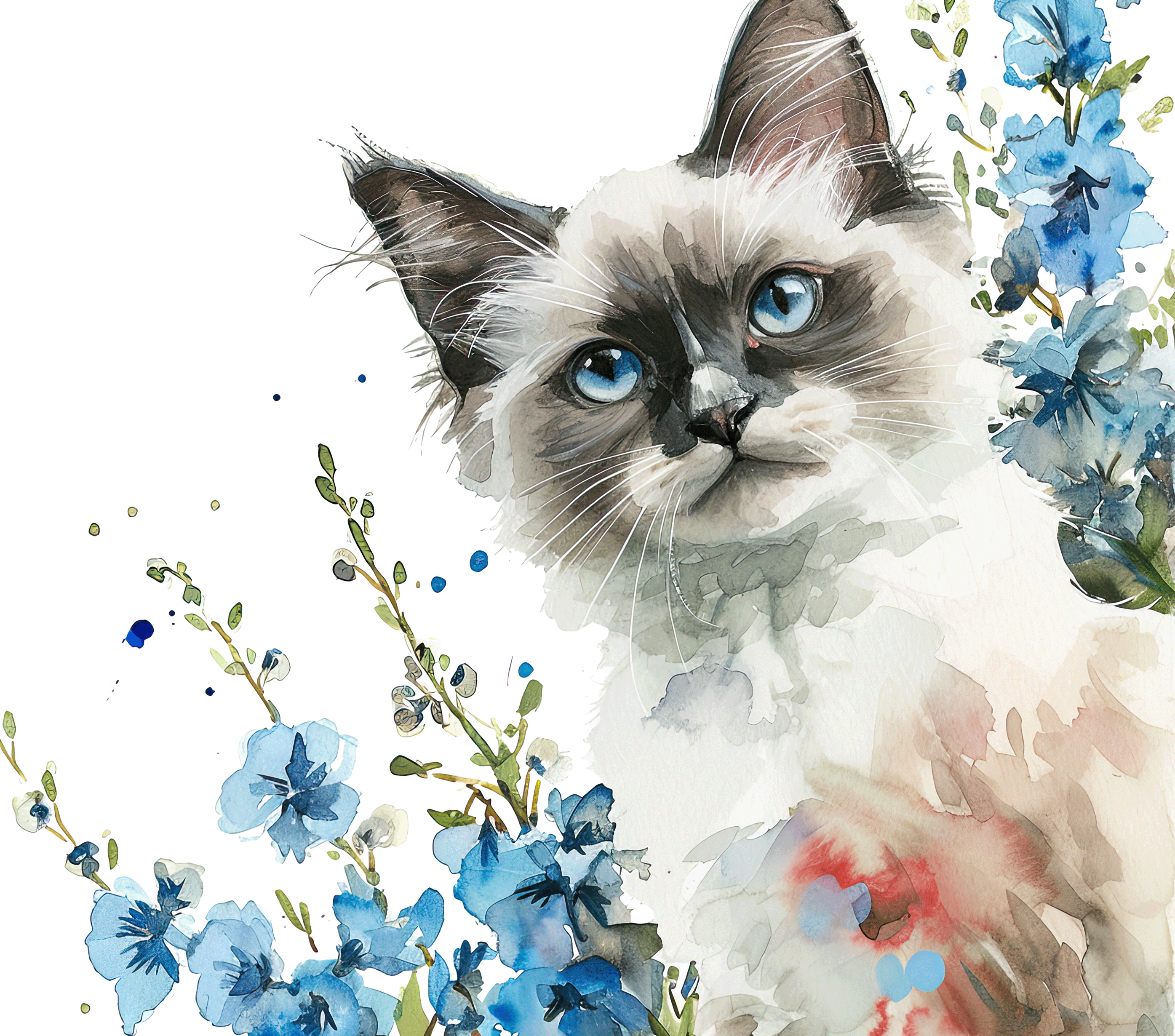 Watercolor Ragdoll Cat with Blue Delphiniums 1