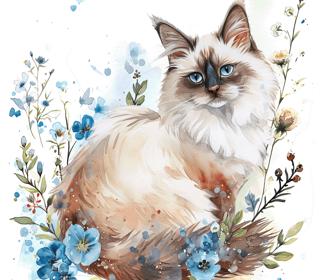 Watercolor Ragdoll Cat with Blue Wildflowers 6