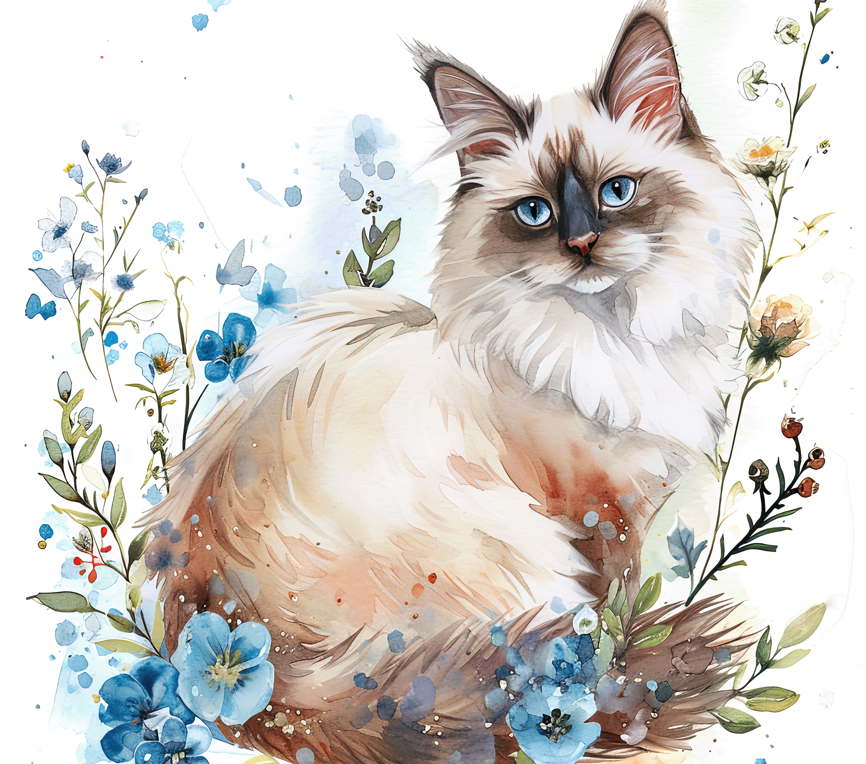 Watercolor Ragdoll Cat with Blue Wildflowers 6