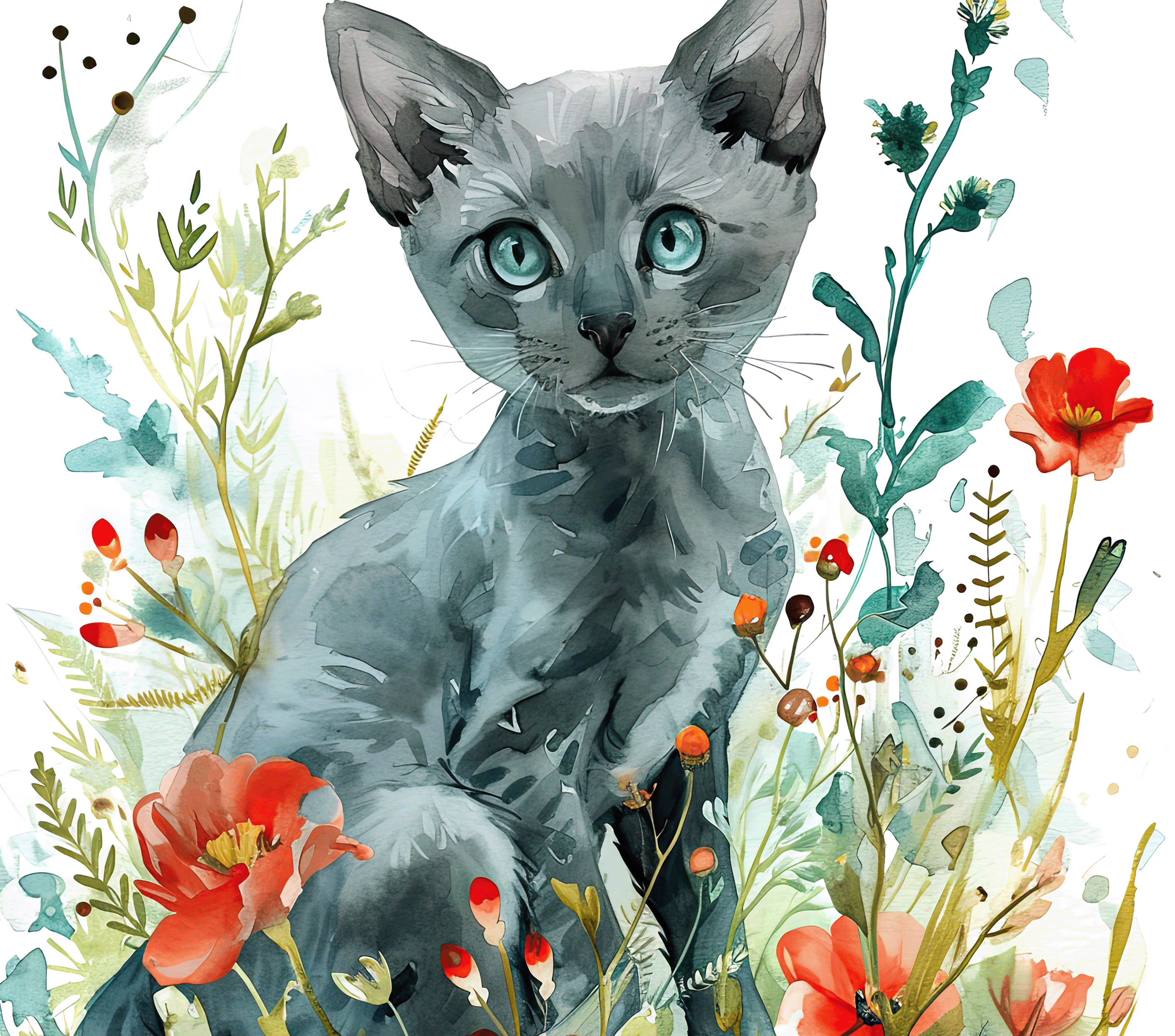 Watercolor Russian Blue Kitten with Coral Poppies 1